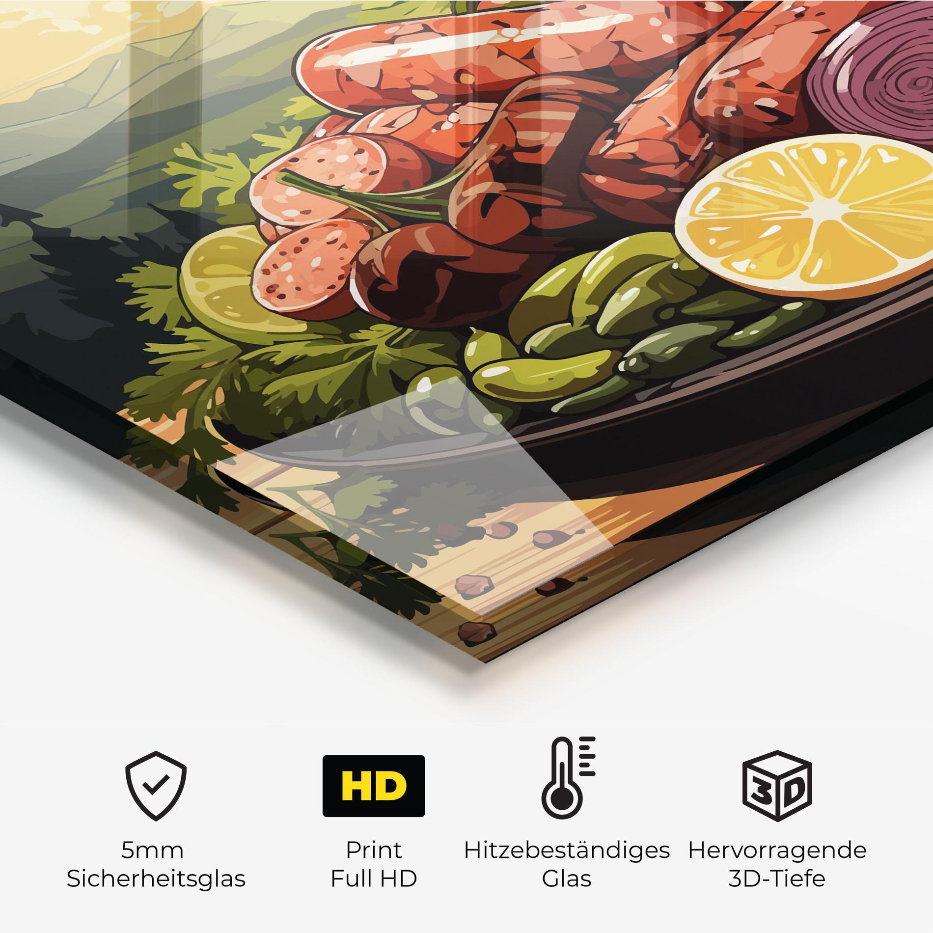 Küchenrückwand Glas Sunset Sousages mockup 2