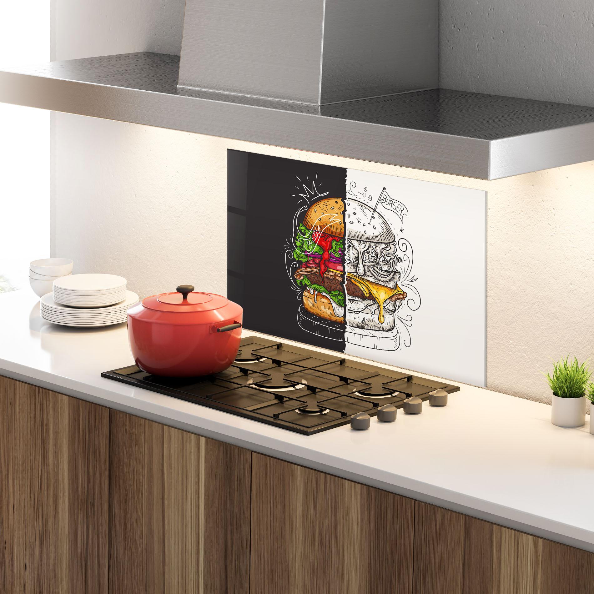 Küchenrückwand Glas Burger Art mockup 4