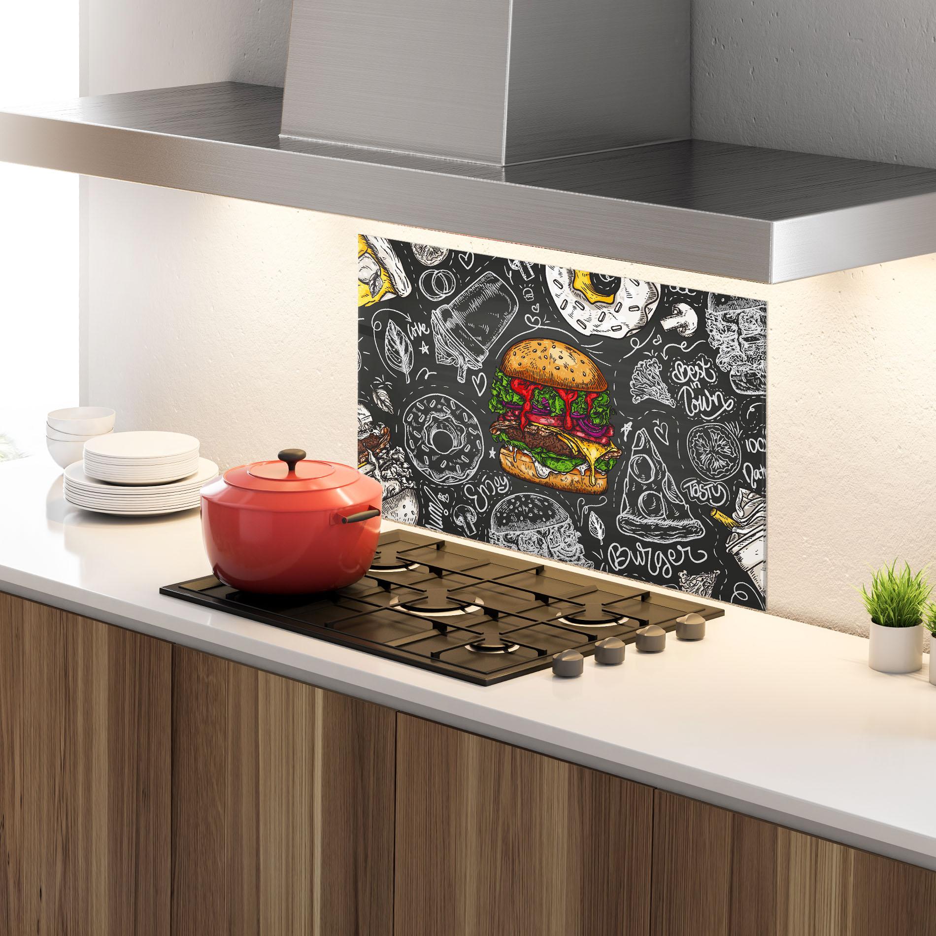 Küchenrückwand Glas Color Mix Burger mockup 4