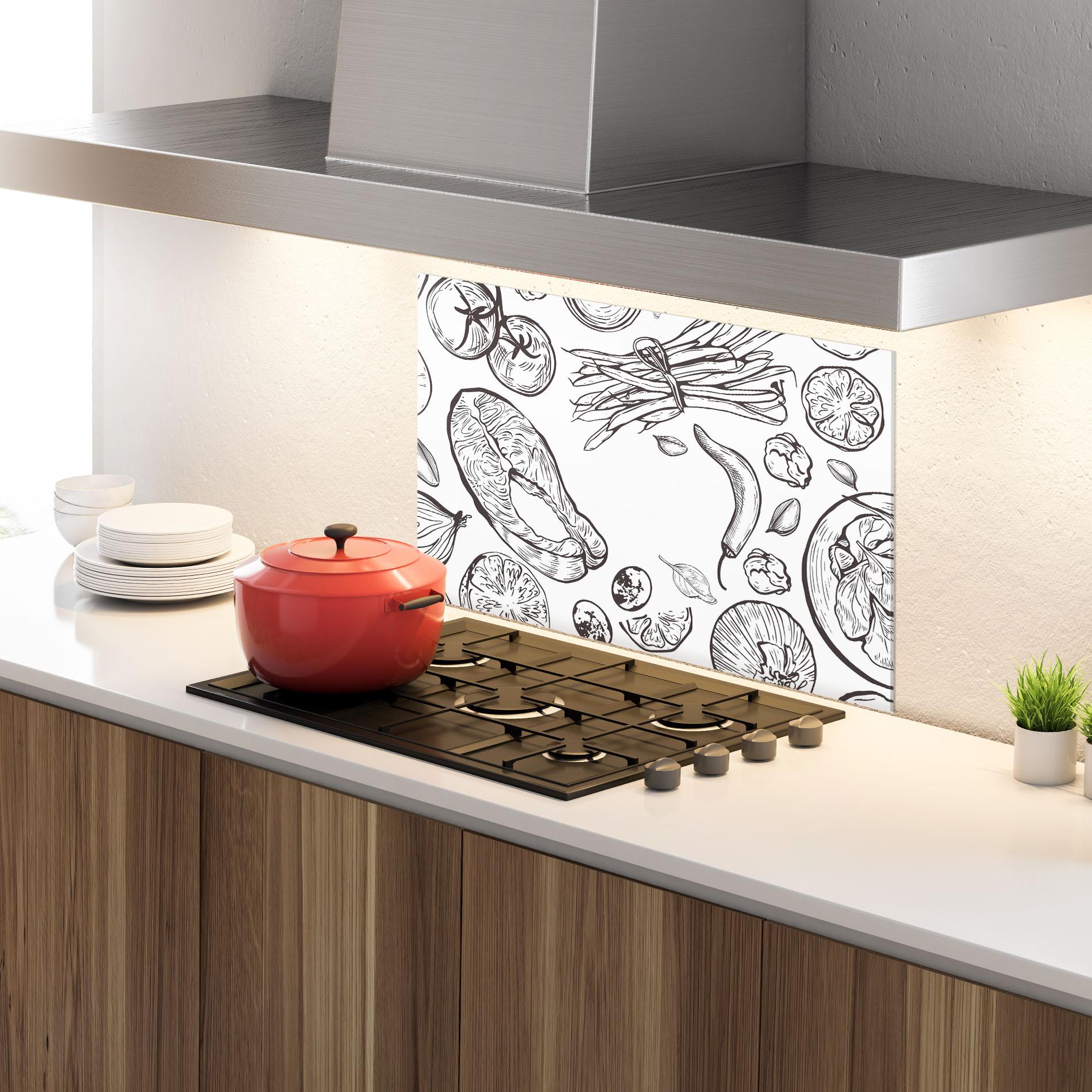 Küchenrückwand Glas Grey Line Food mockup 4