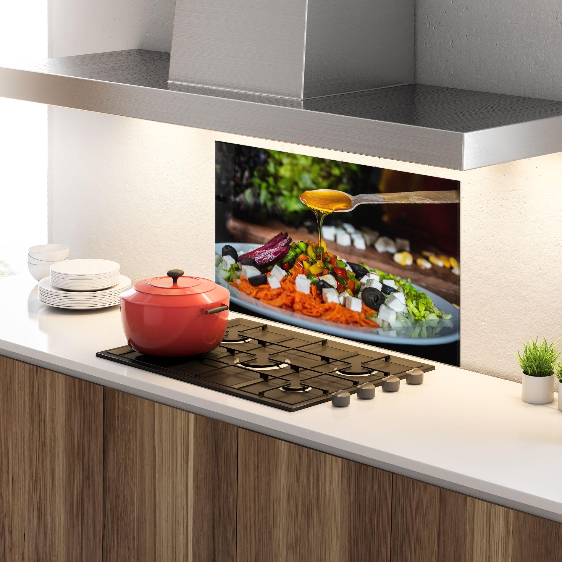 Küchenrückwand Glas Honey Over Food mockup 4