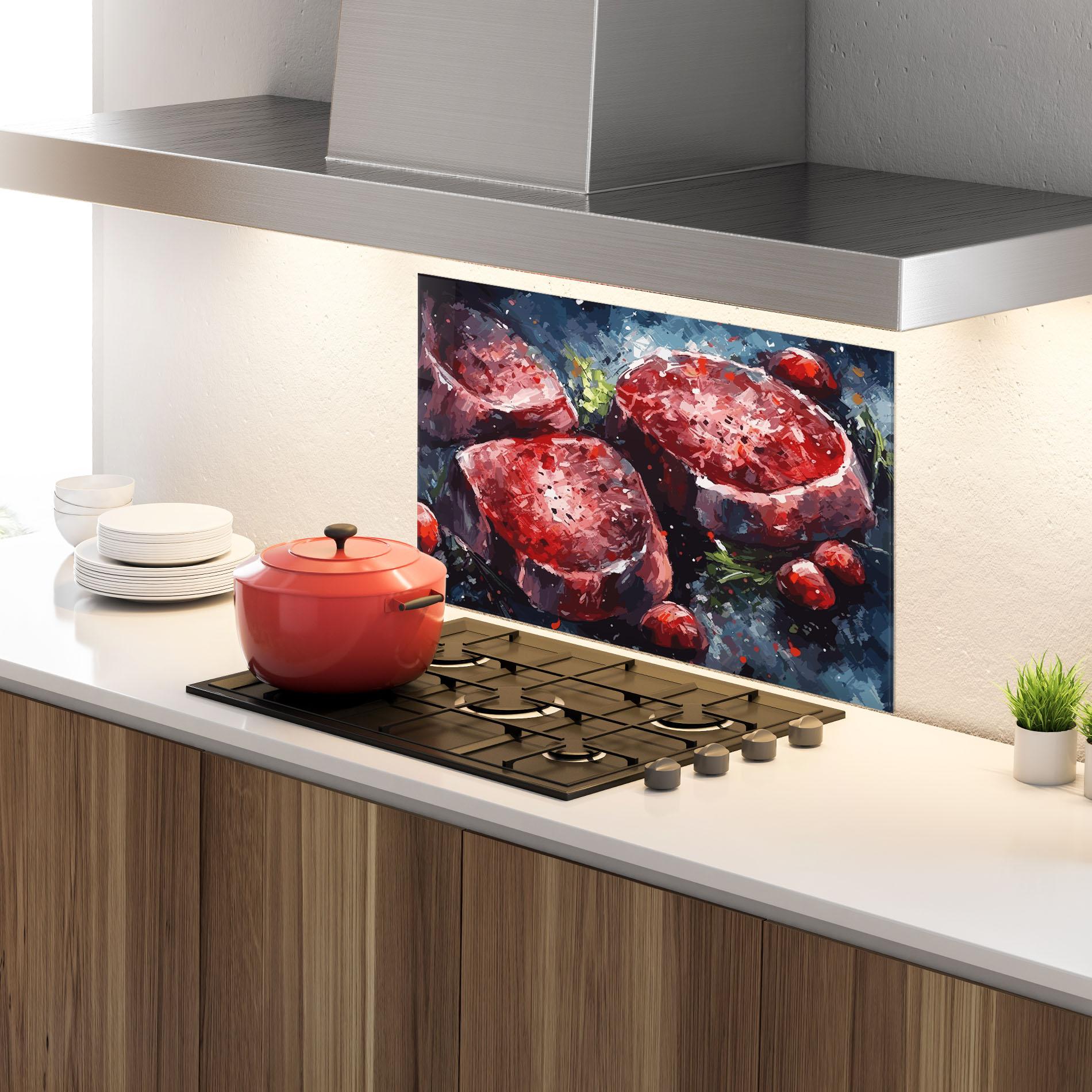 Küchenrückwand Glas Meat Art mockup 4