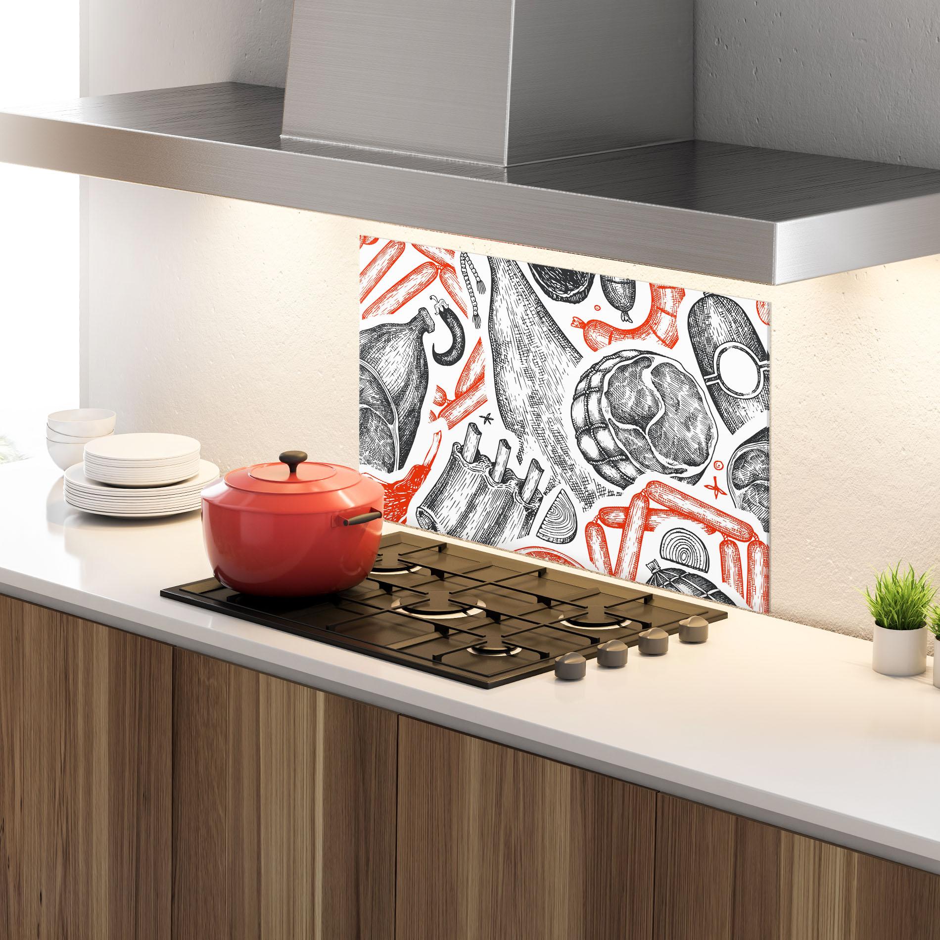 Küchenrückwand Glas Orange Grey Meat mockup 4