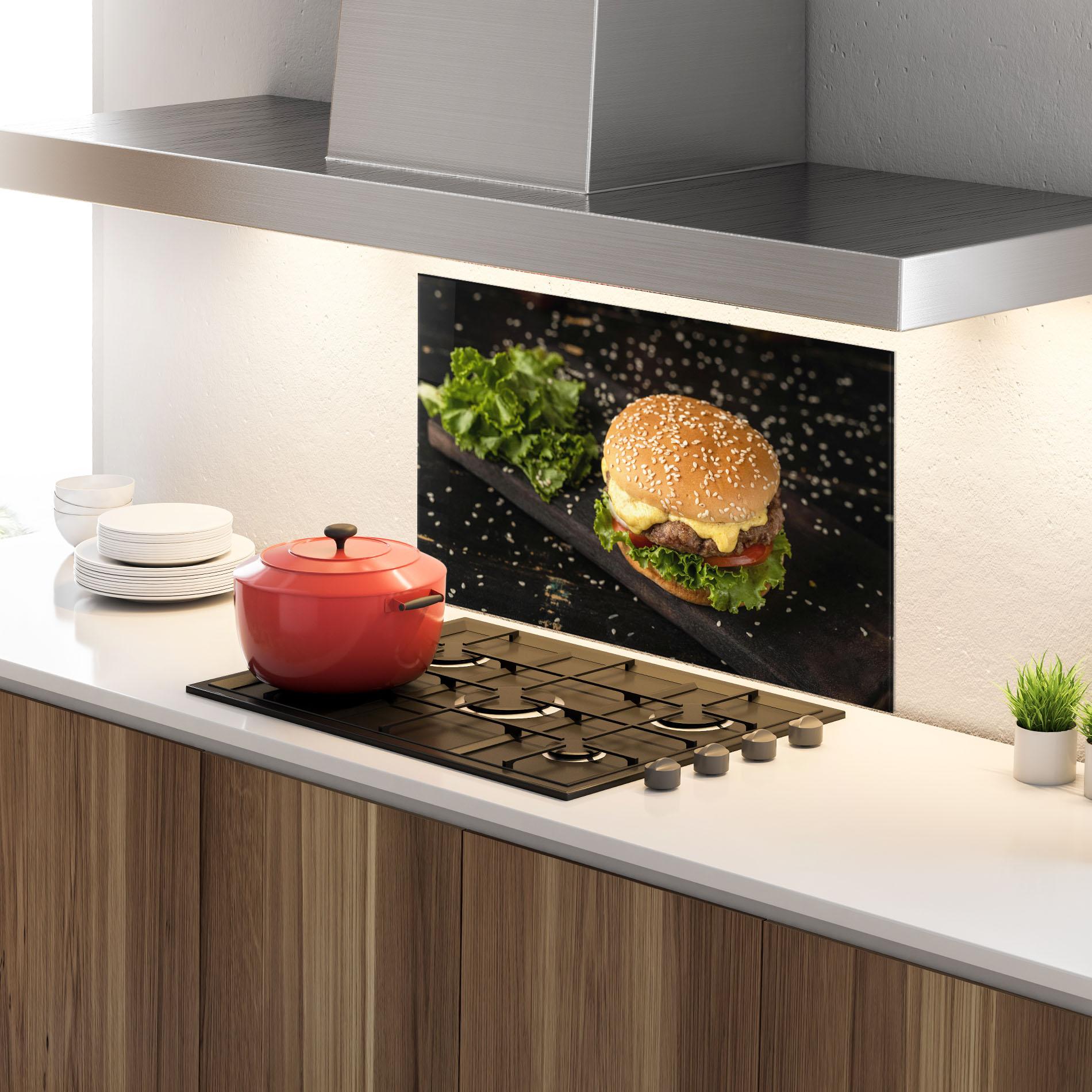 Küchenrückwand Glas Salad Hamburger mockup 4