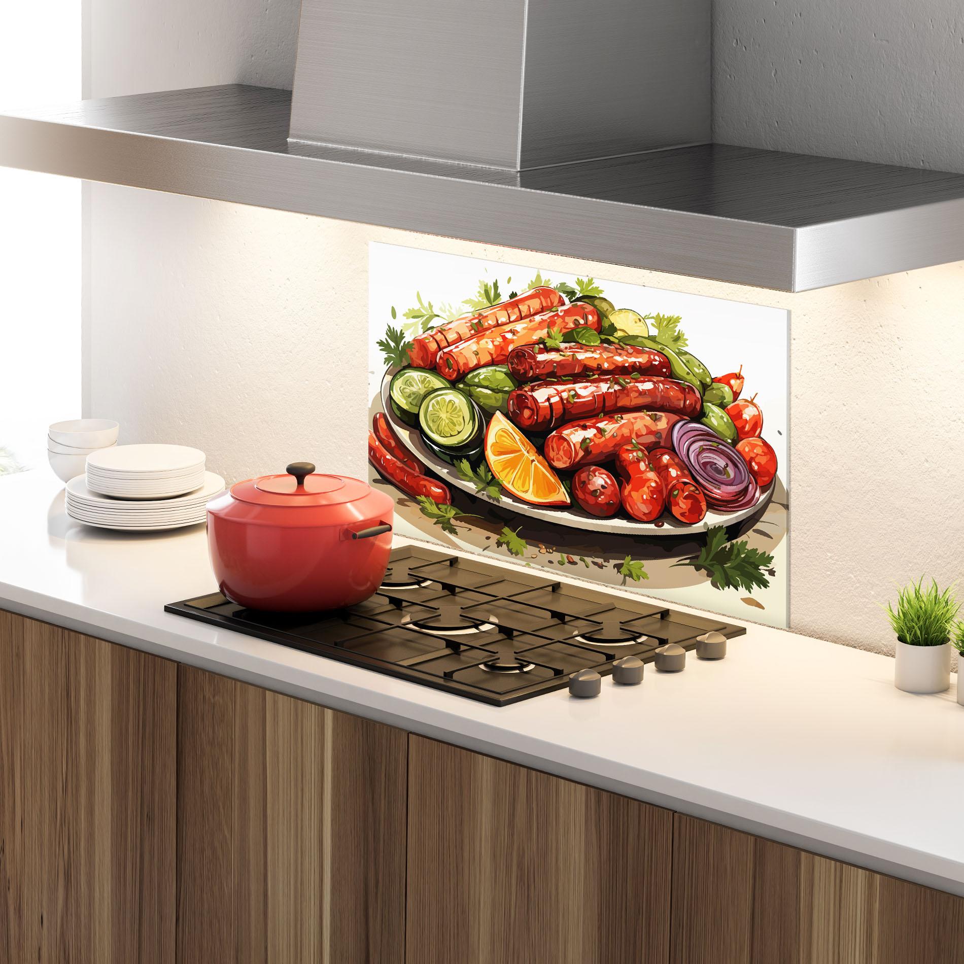 Küchenrückwand Glas Tasty Sousages mockup 4