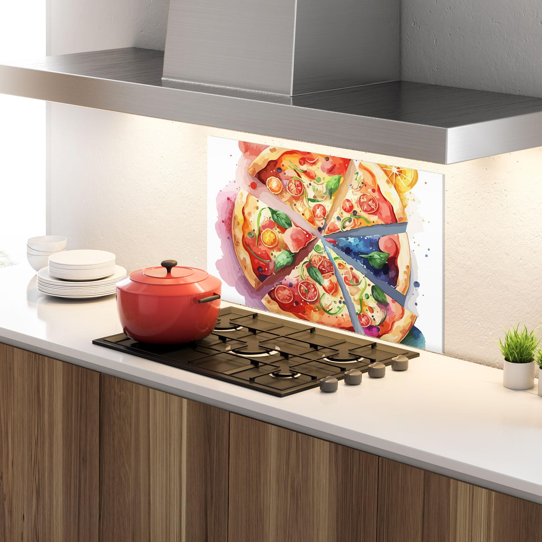 Küchenrückwand Glas Watercolor Pizza mockup 4