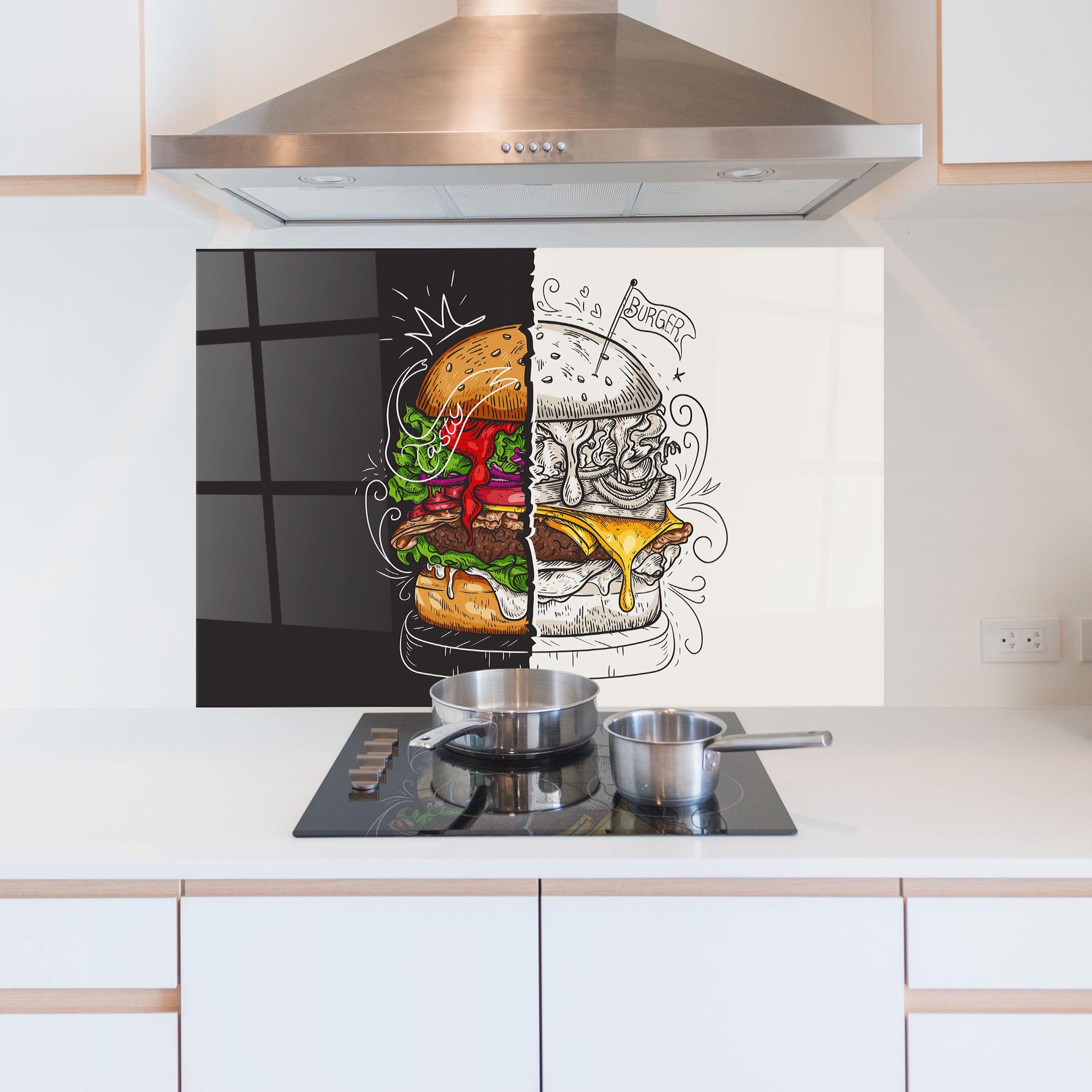 Küchenrückwand Glas Burger Art mockup 5