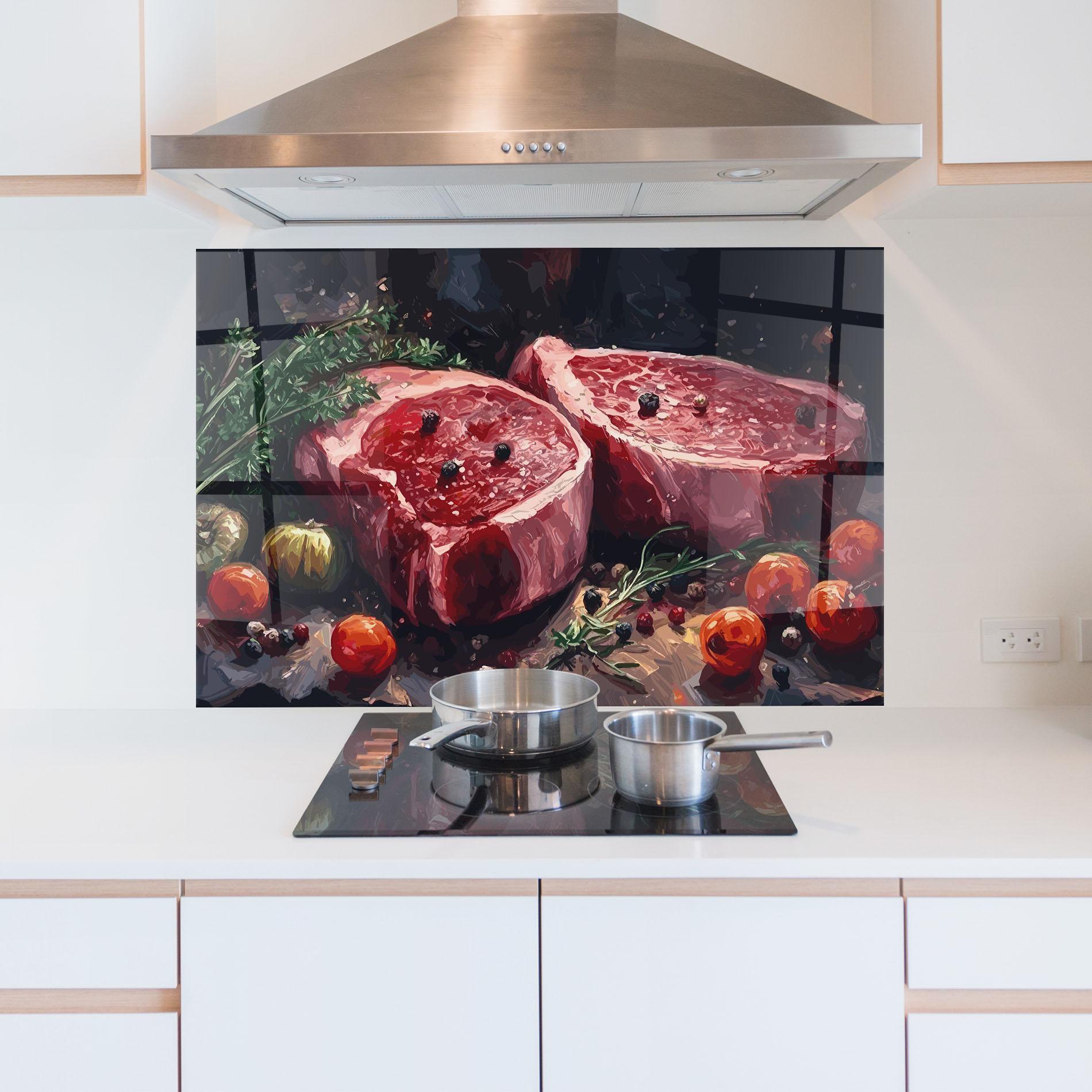 Küchenrückwand Glas Meat With Tomatoes mockup 5