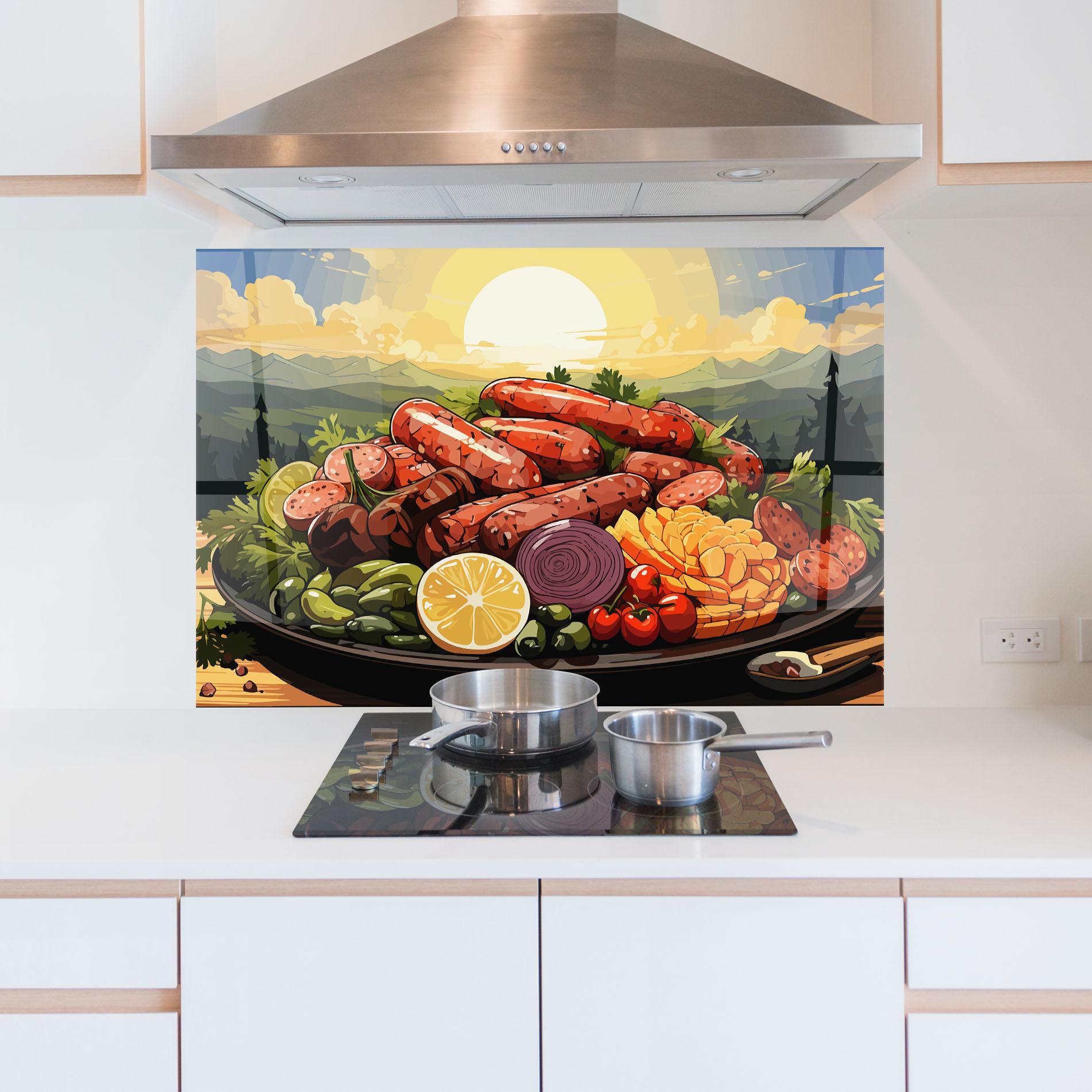 Küchenrückwand Glas Sunset Sousages mockup 5