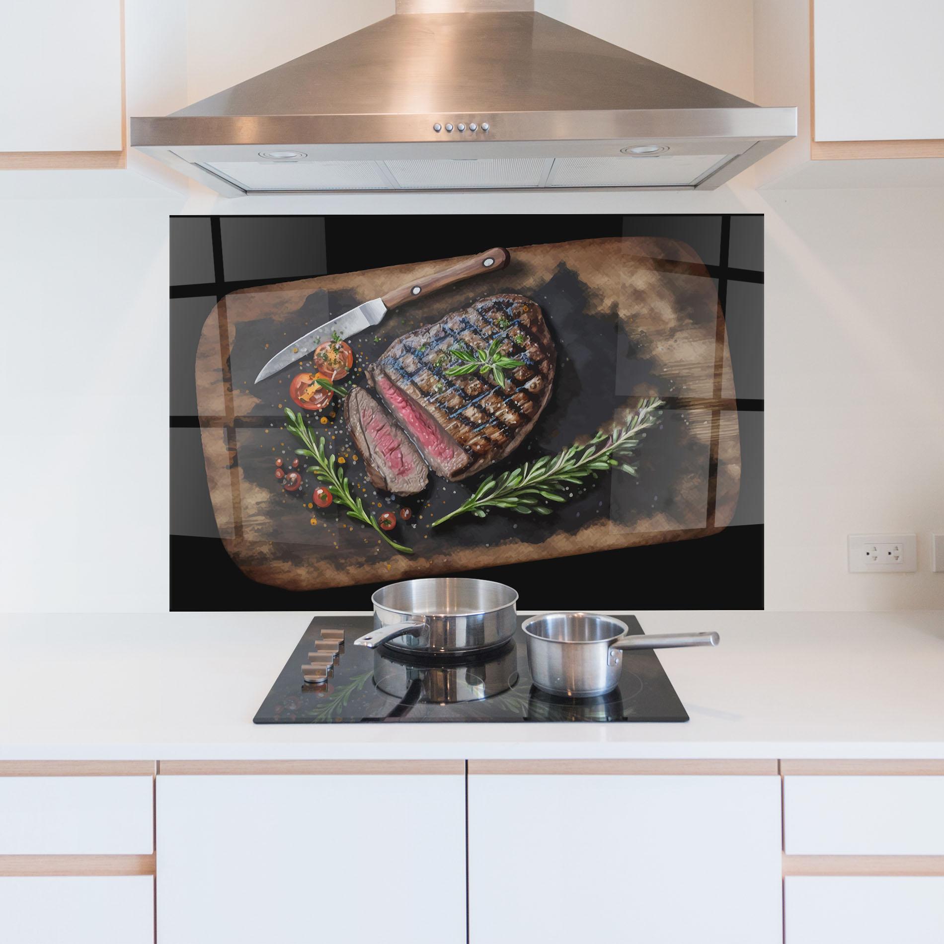 Küchenrückwand Glas Tasty Meat mockup 5