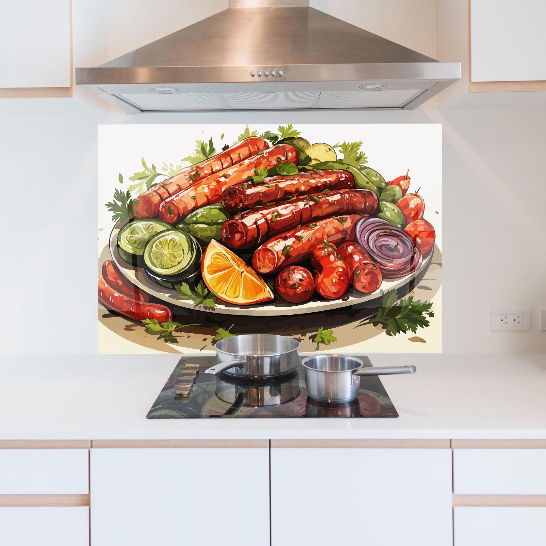 Küchenrückwand Glas Tasty Sousages mockup 5