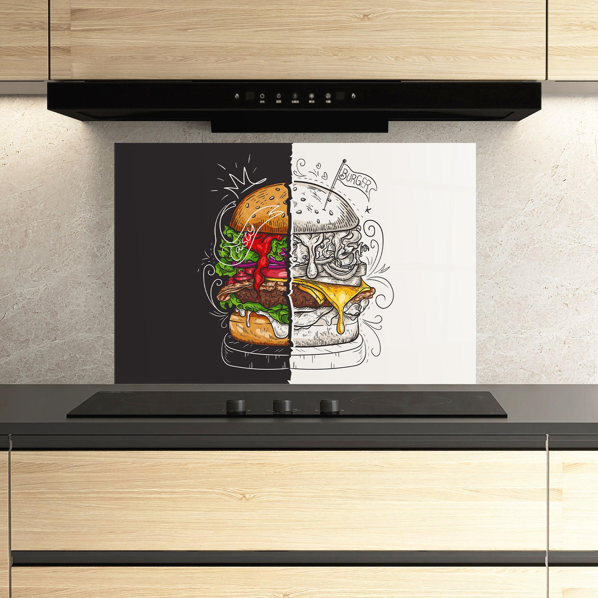 Küchenrückwand Glas Burger Art mockup 3