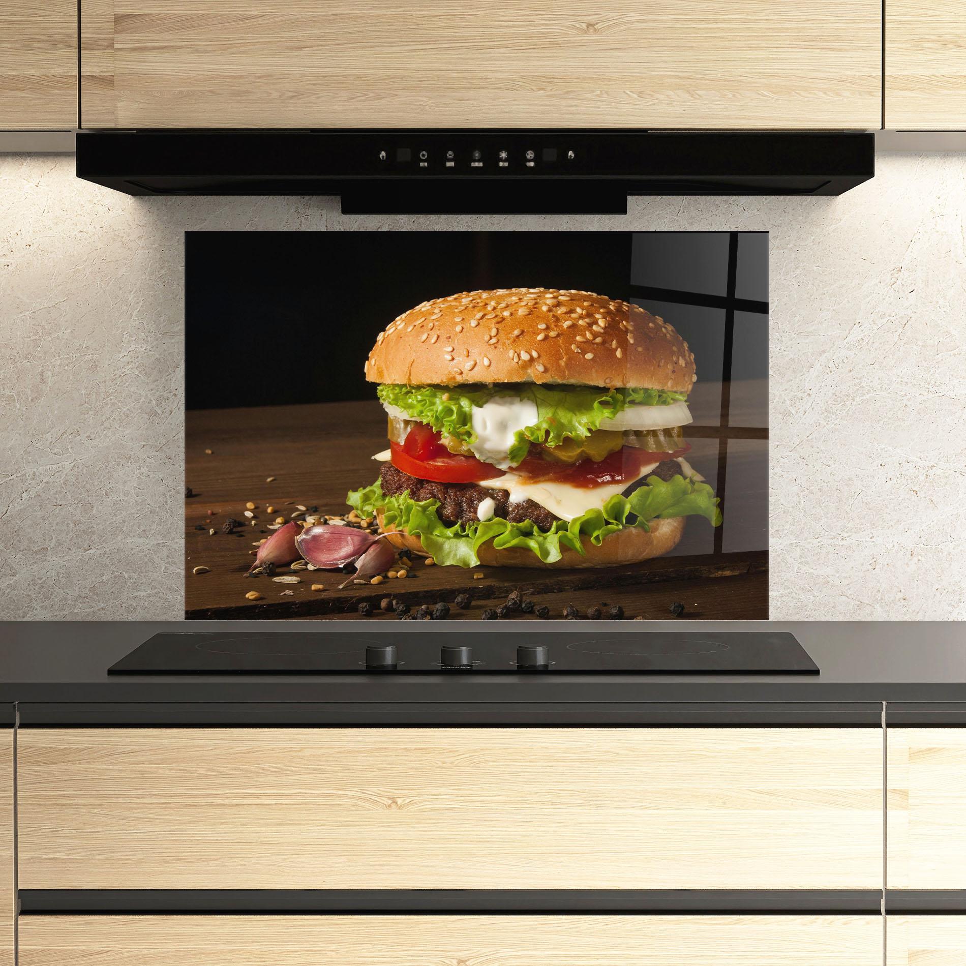 Küchenrückwand Glas Delicious Hamburger mockup 3