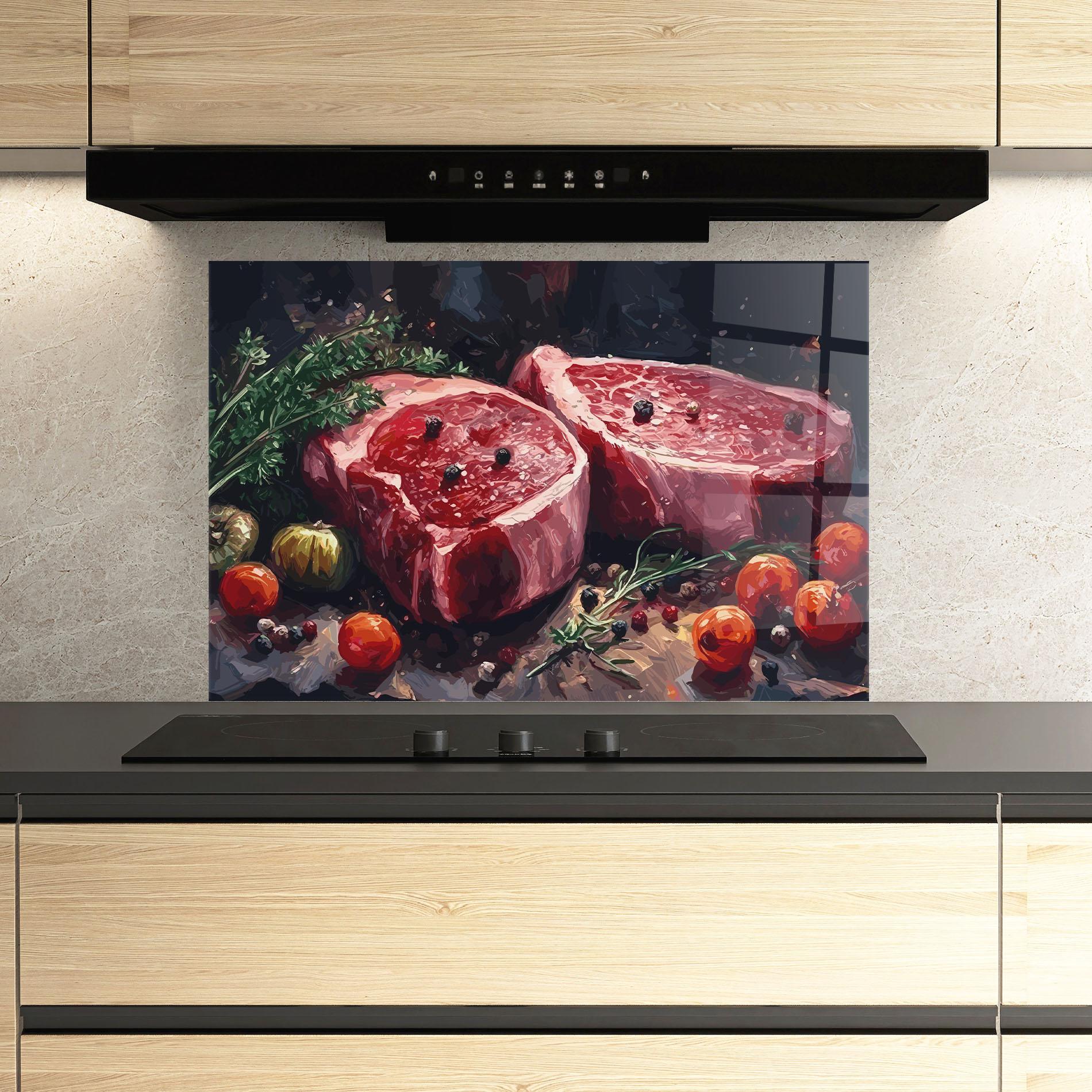 Küchenrückwand Glas Meat With Tomatoes mockup 3