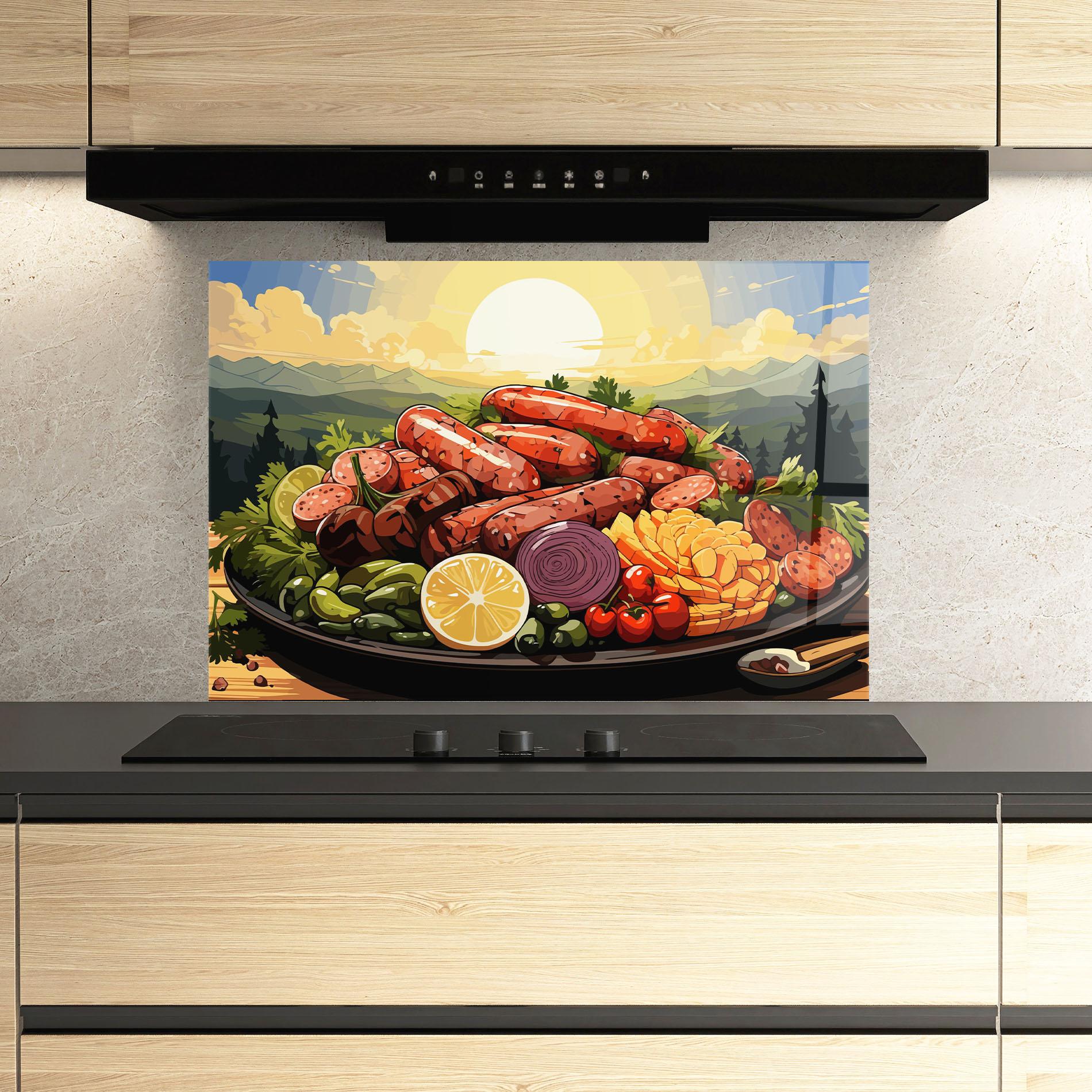 Küchenrückwand Glas Sunset Sousages mockup 3