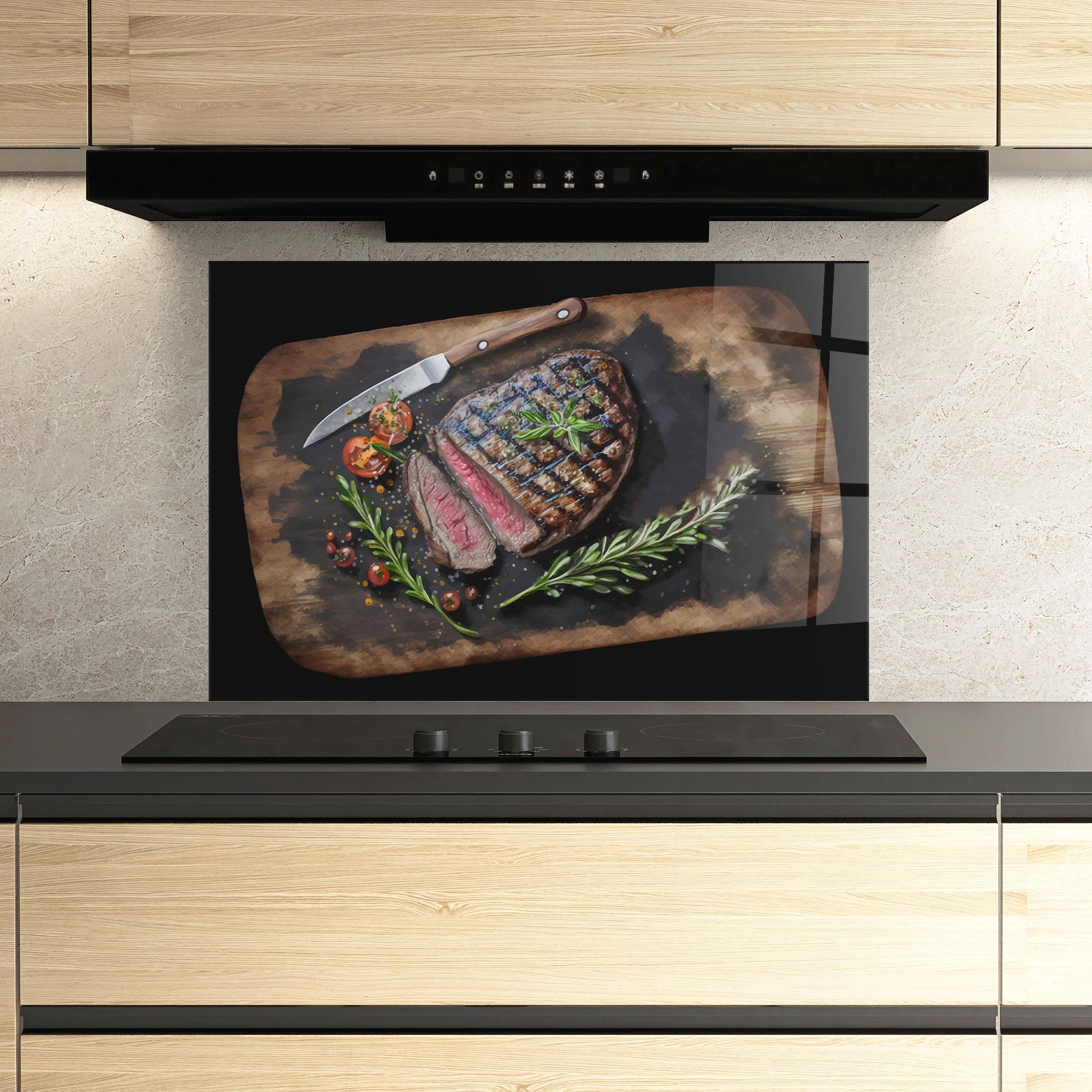 Küchenrückwand Glas Tasty Meat mockup 3