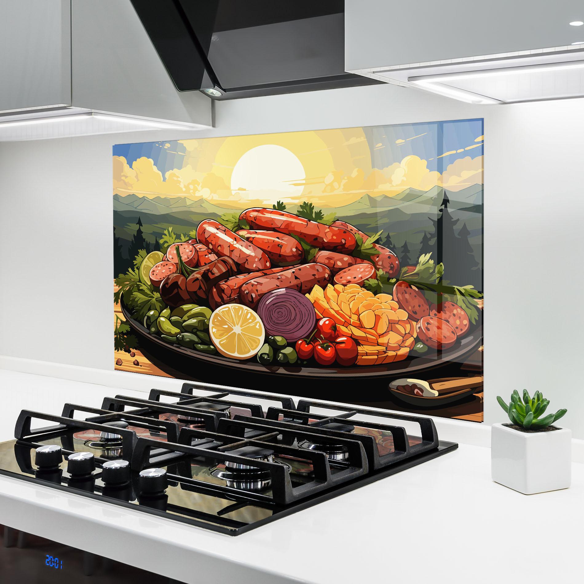 Küchenrückwand Glas Sunset Sousages mockup 6