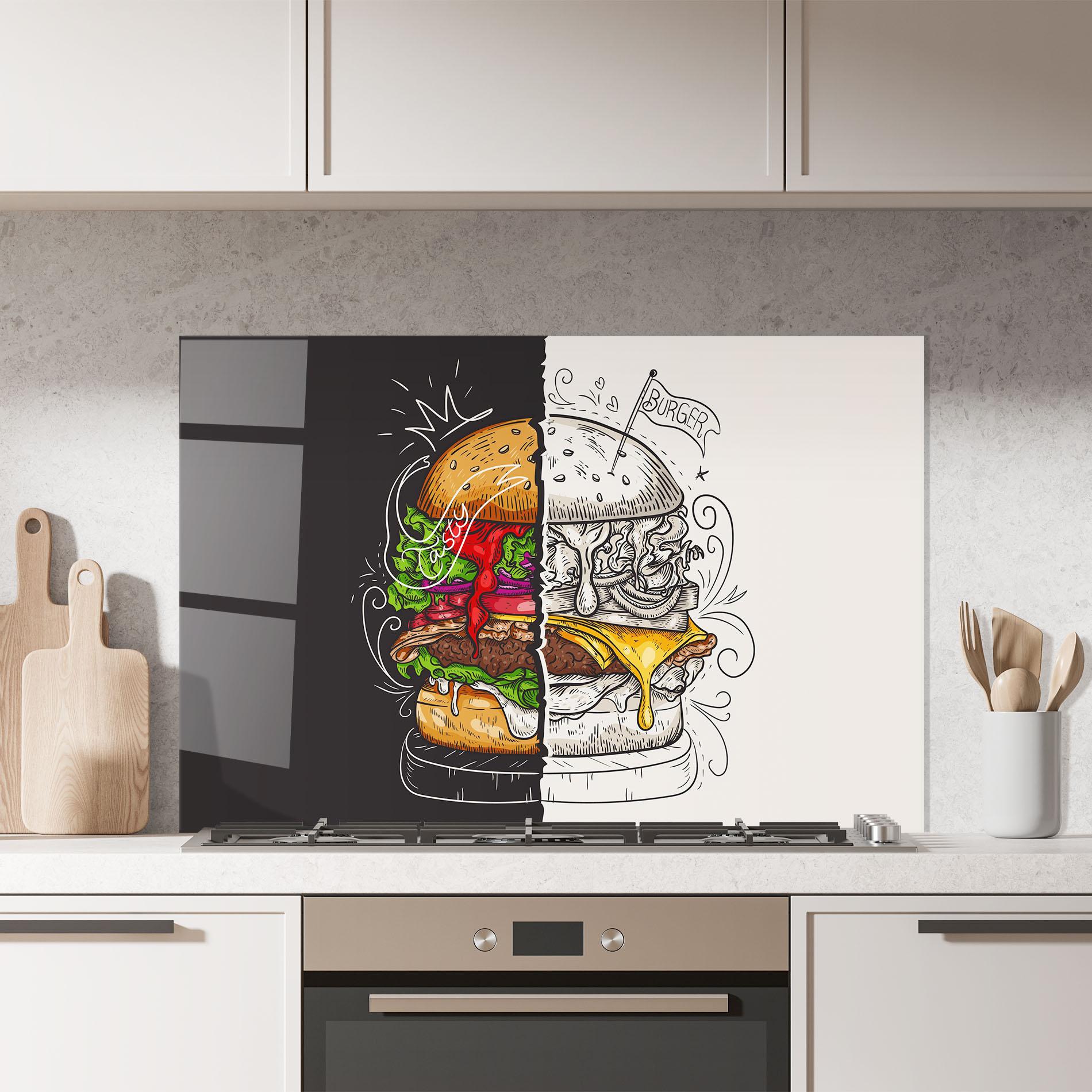 Küchenrückwand Glas Burger Art mockup 7