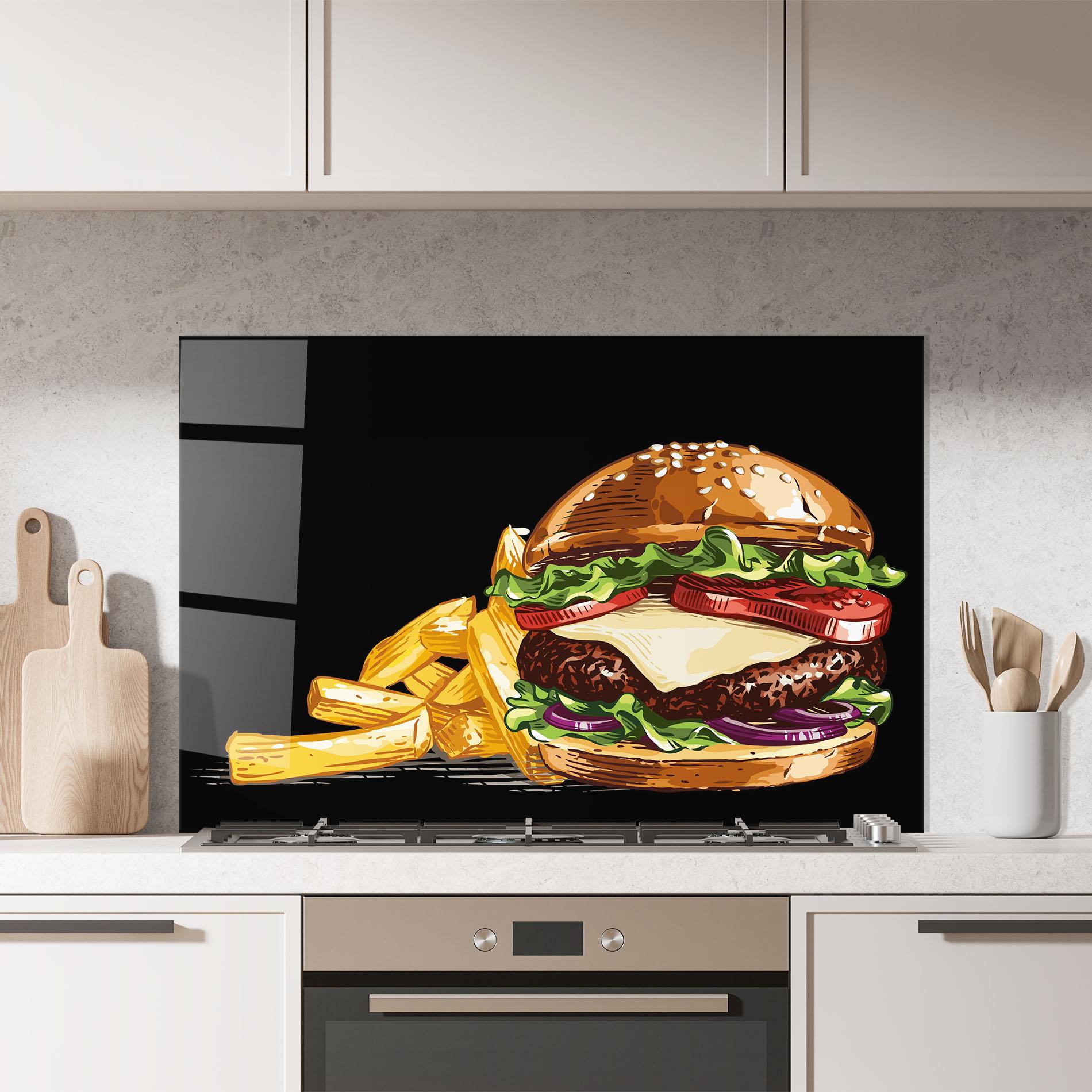 Küchenrückwand Glas Burger Fries mockup 7