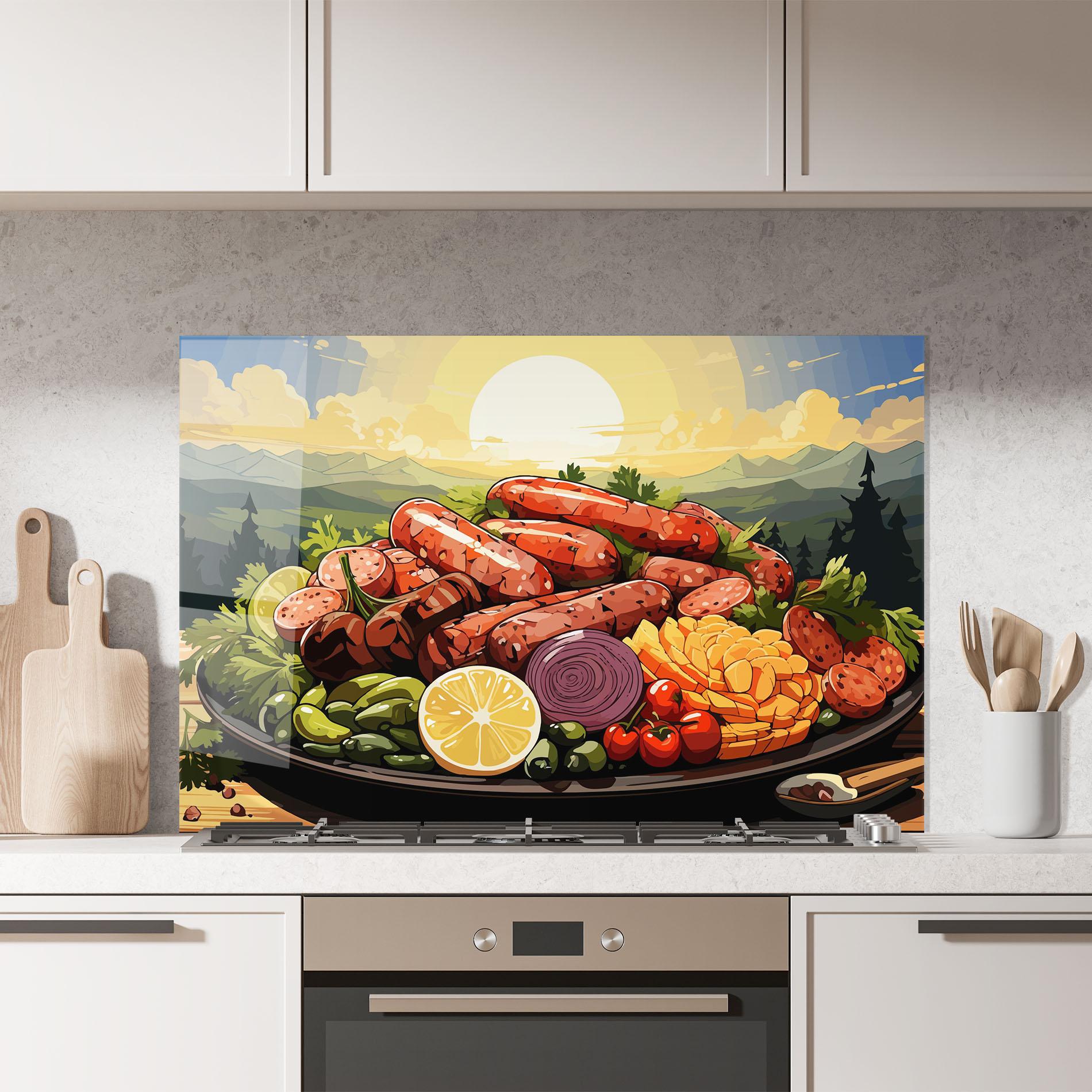 Küchenrückwand Glas Sunset Sousages mockup 7