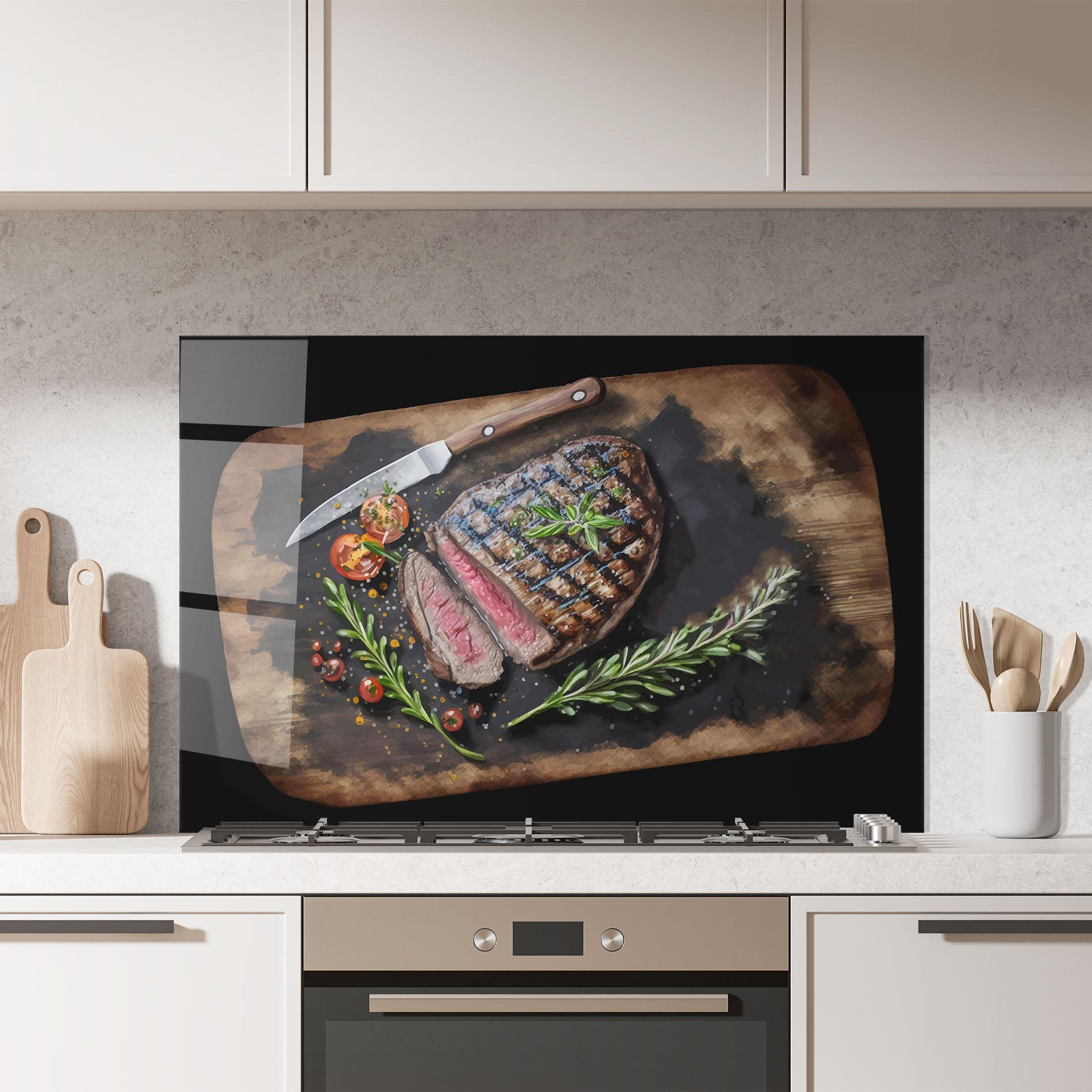 Küchenrückwand Glas Tasty Meat mockup 7