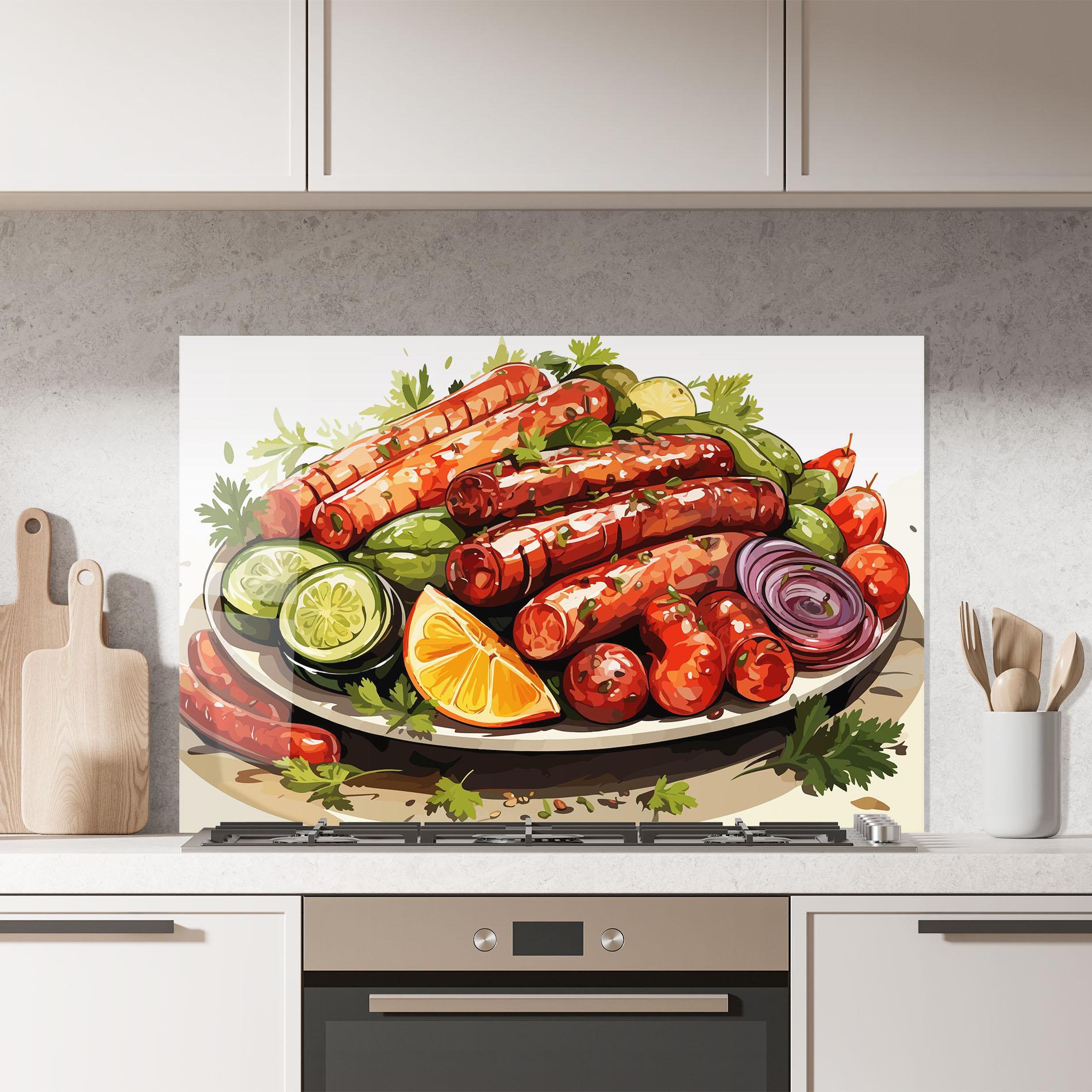 Küchenrückwand Glas Tasty Sousages mockup 7