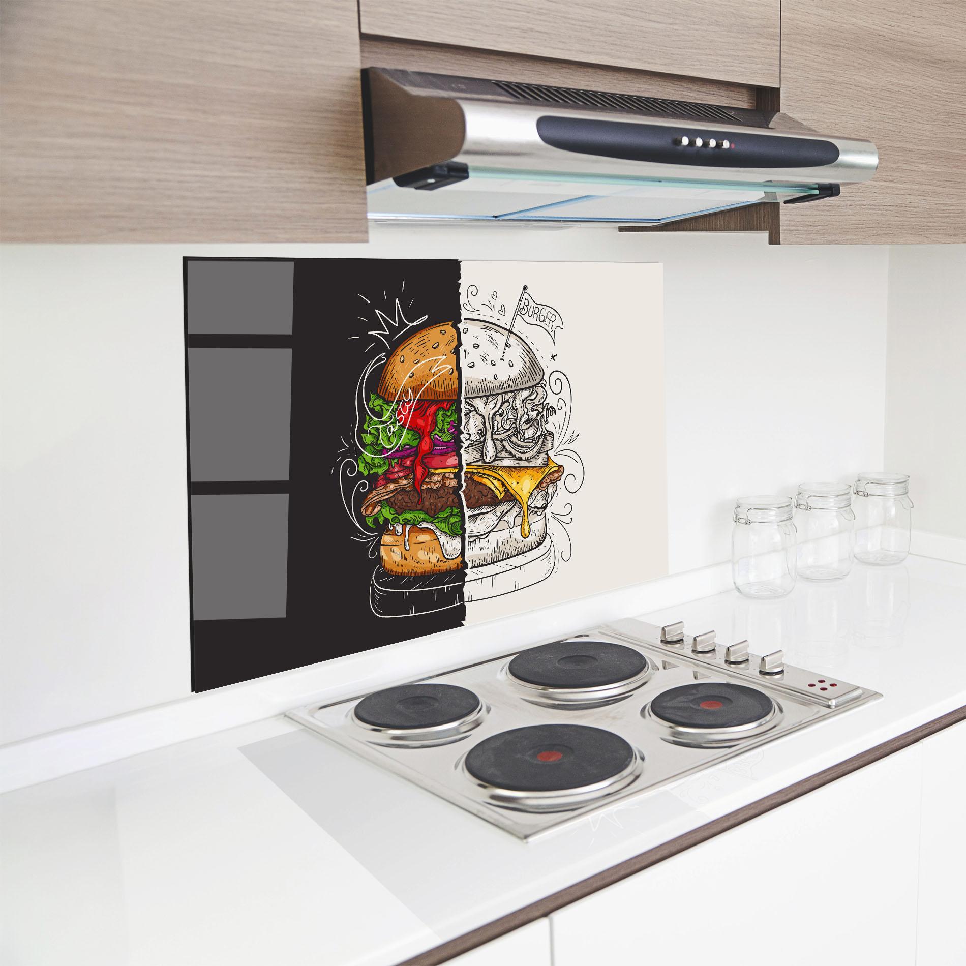 Küchenrückwand Glas Burger Art mockup 8