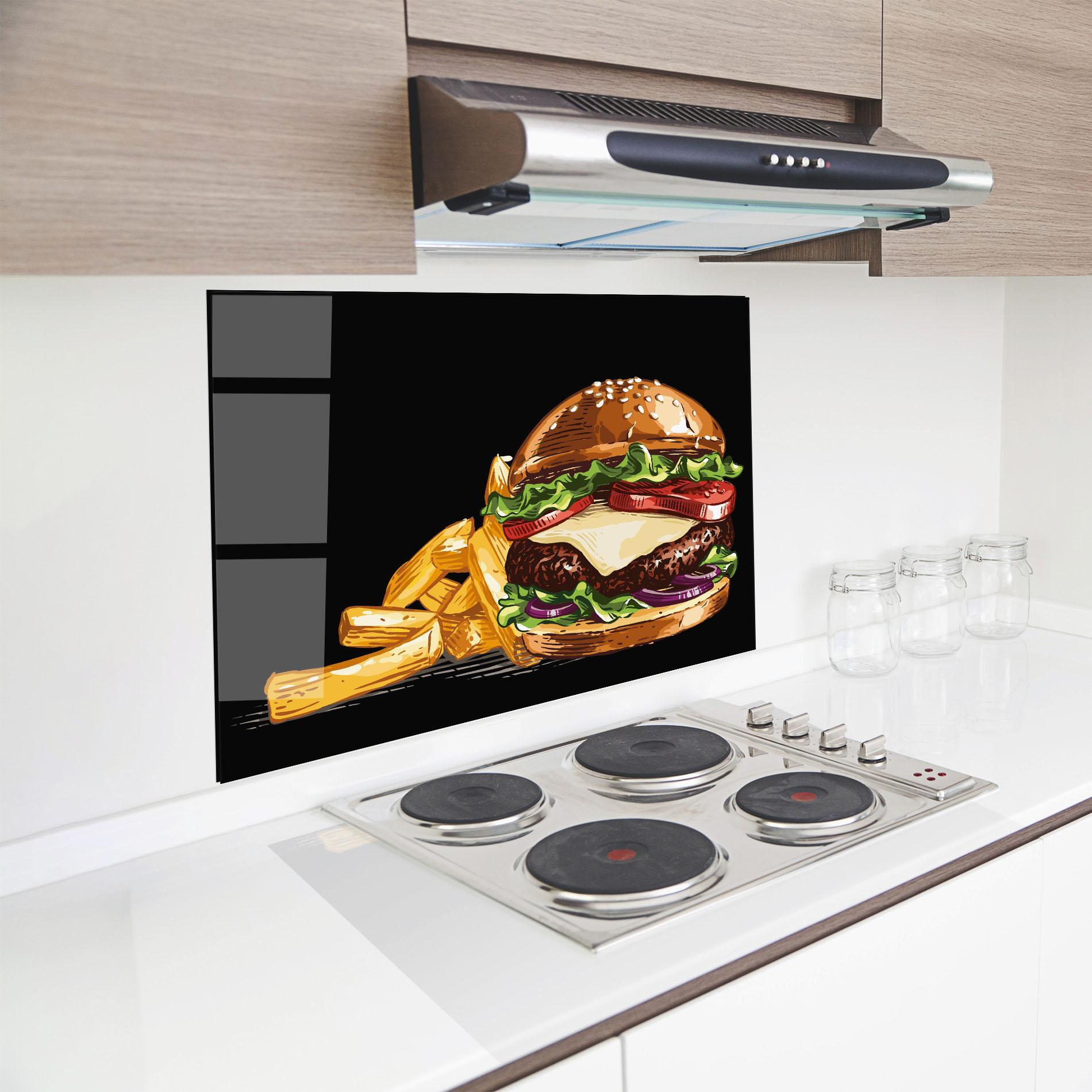 Küchenrückwand Glas Burger Fries mockup 8