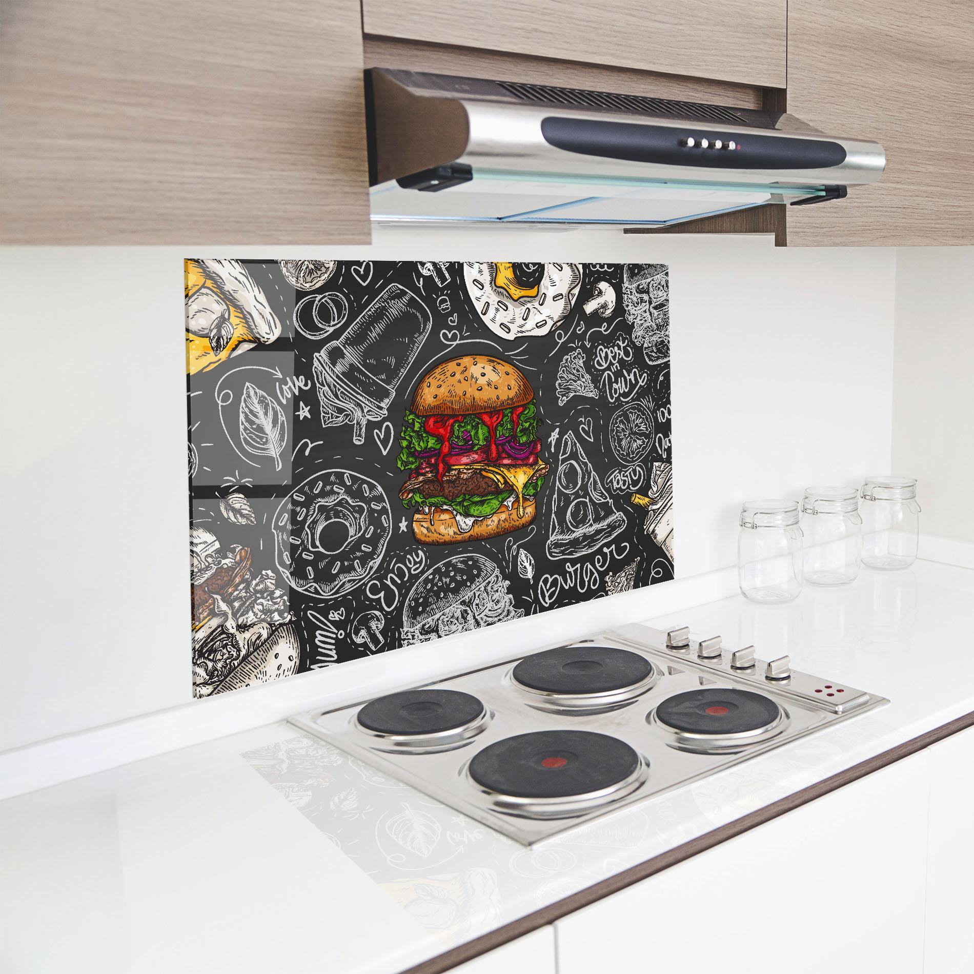 Küchenrückwand Glas Color Mix Burger mockup 8
