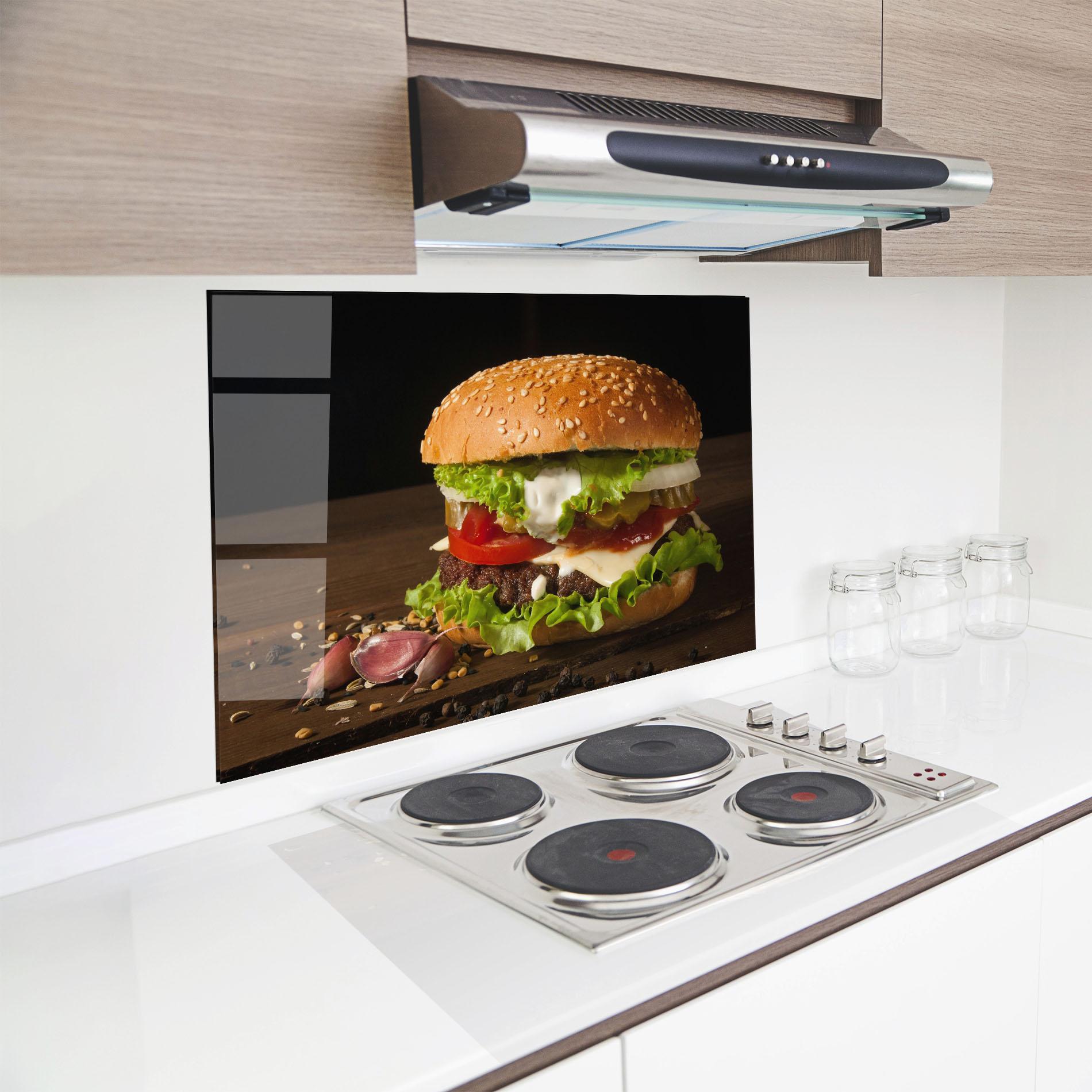 Küchenrückwand Glas Delicious Hamburger mockup 8