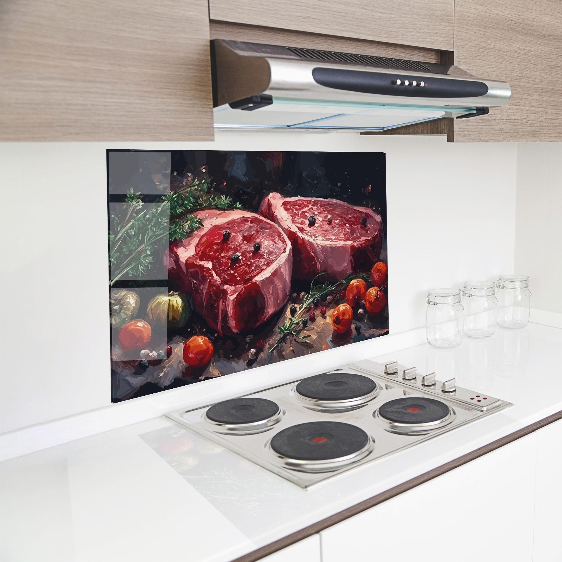 Küchenrückwand Glas Meat With Tomatoes mockup 8