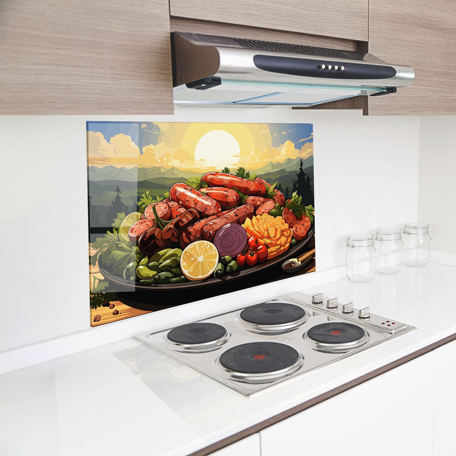Küchenrückwand Glas Sunset Sousages mockup 8