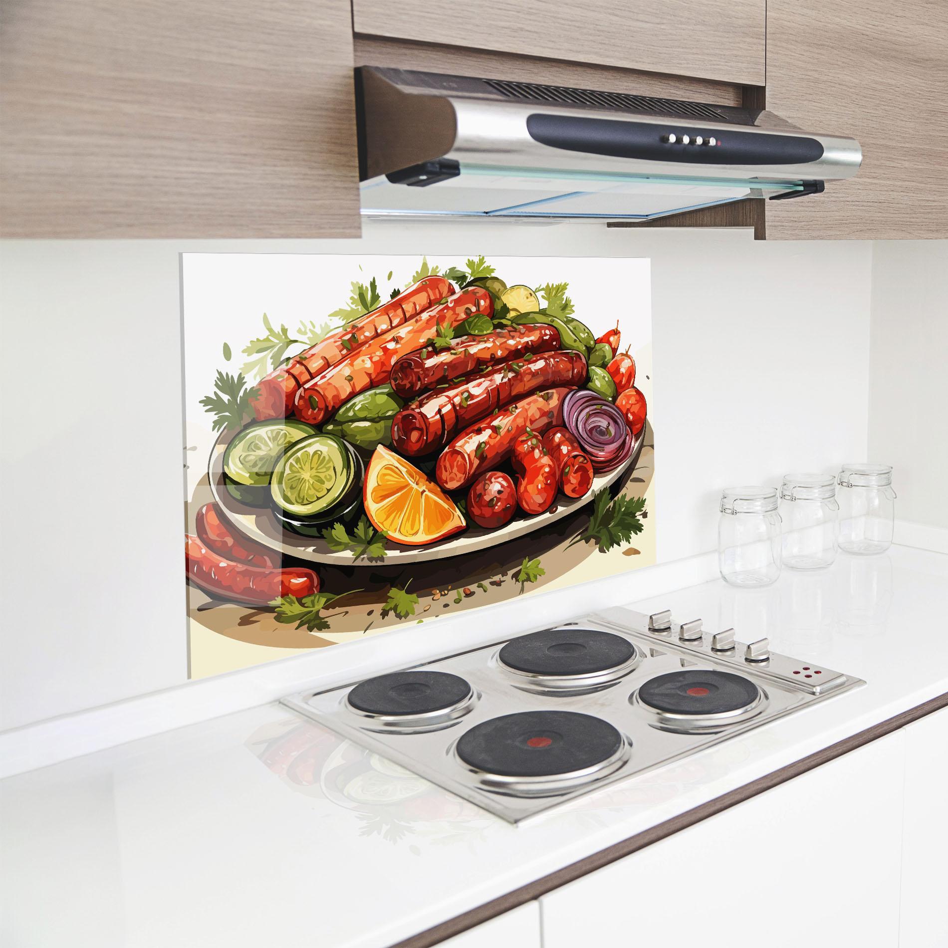 Küchenrückwand Glas Tasty Sousages mockup 8