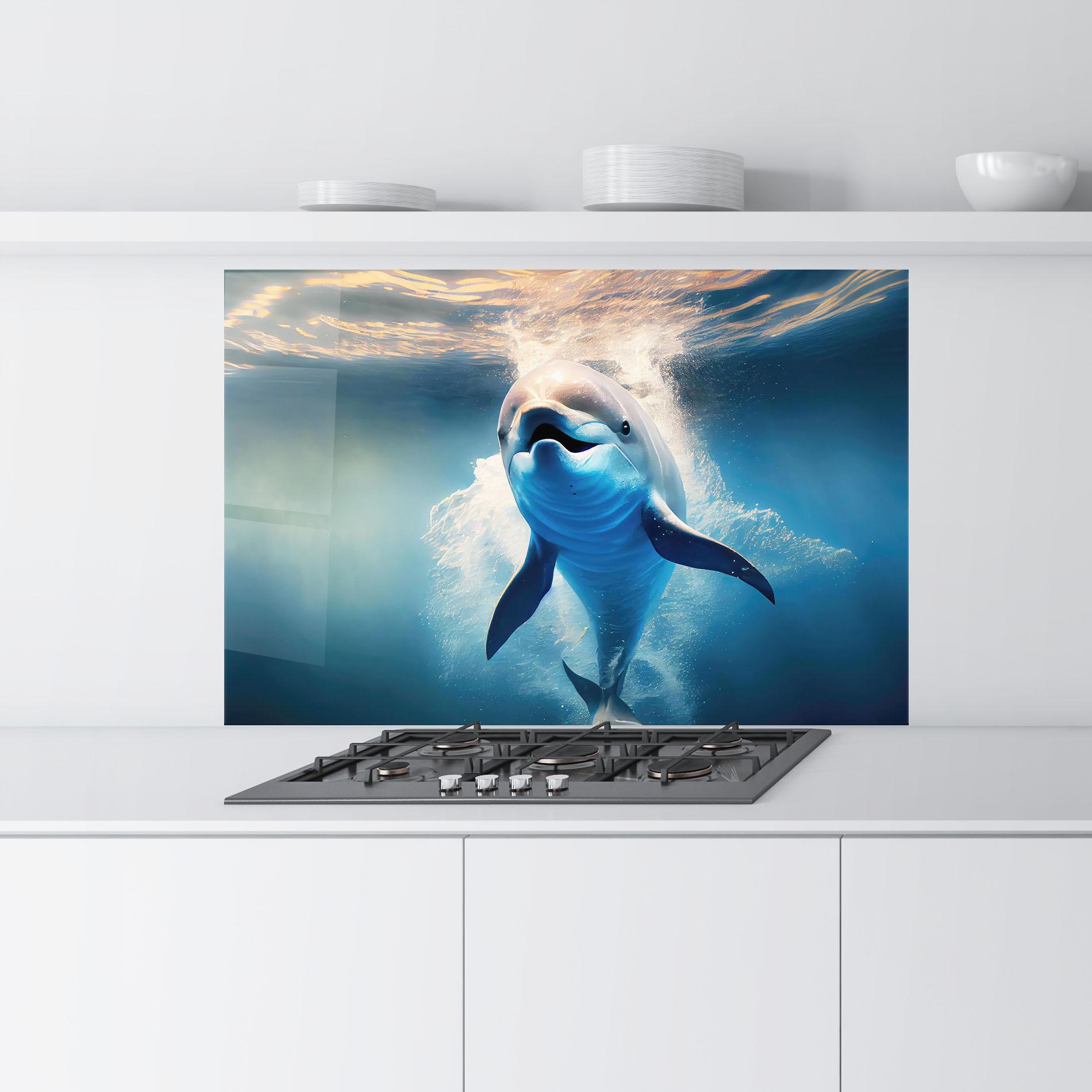 Küchenrückwand Glas Happy Dolphin mockup 9