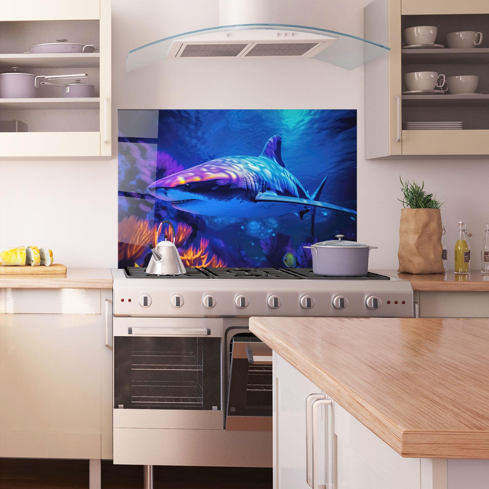 Küchenrückwand Glas Blue Light Shark mockup 1
