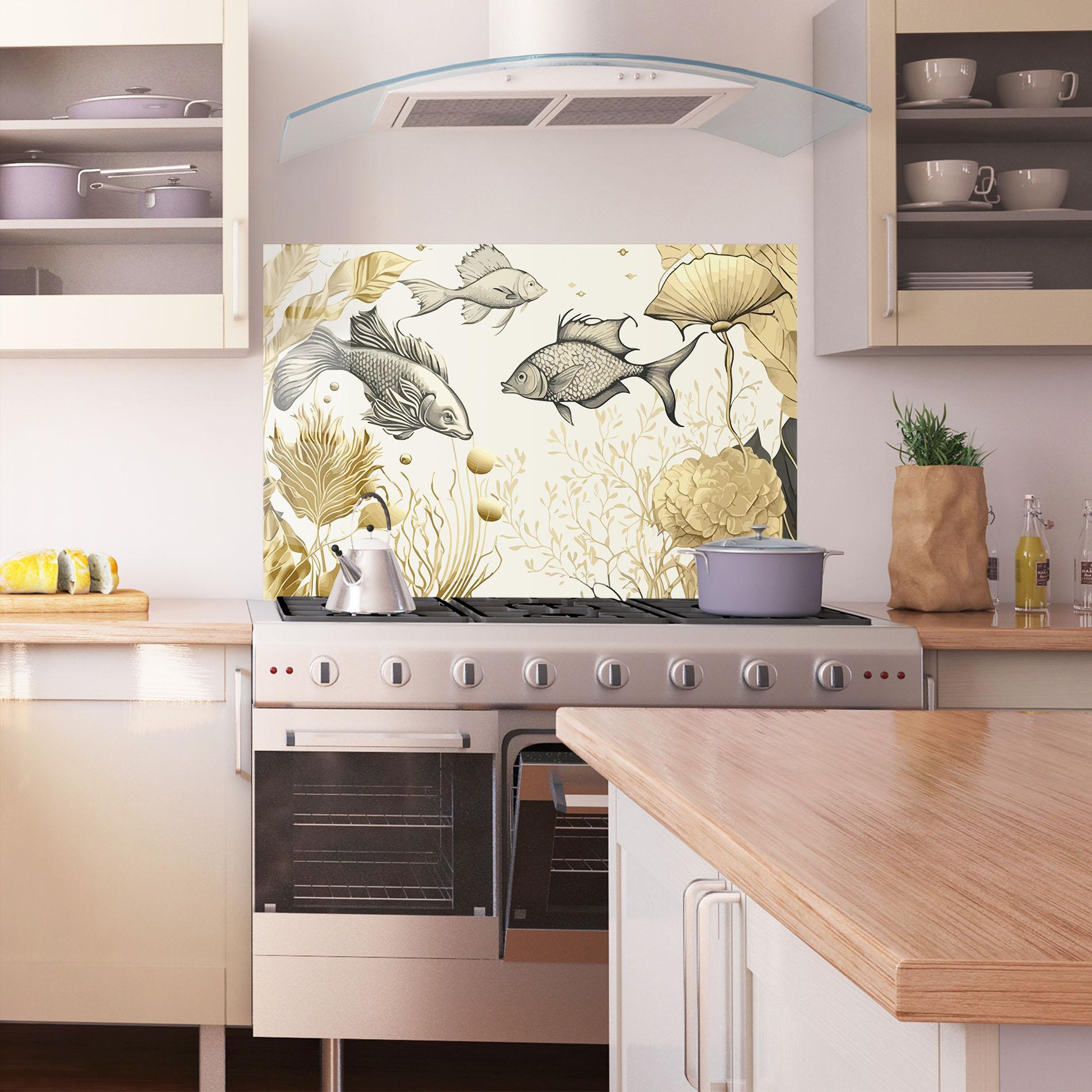 Küchenrückwand Glas Grey Gold Fish mockup 1