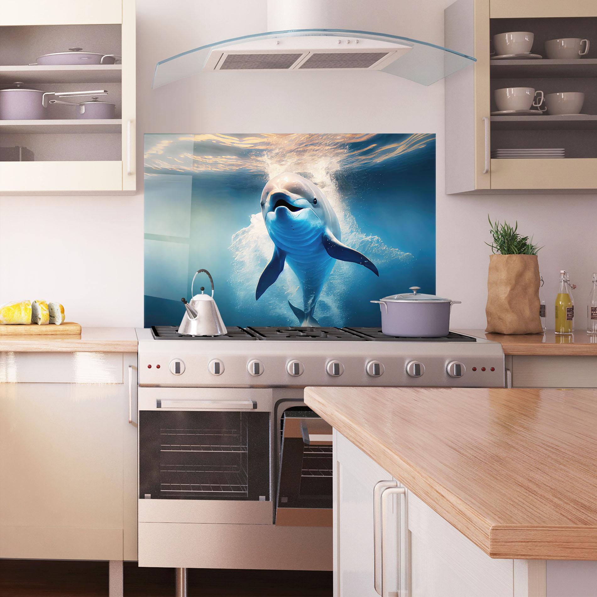 Küchenrückwand Glas Happy Dolphin mockup 1