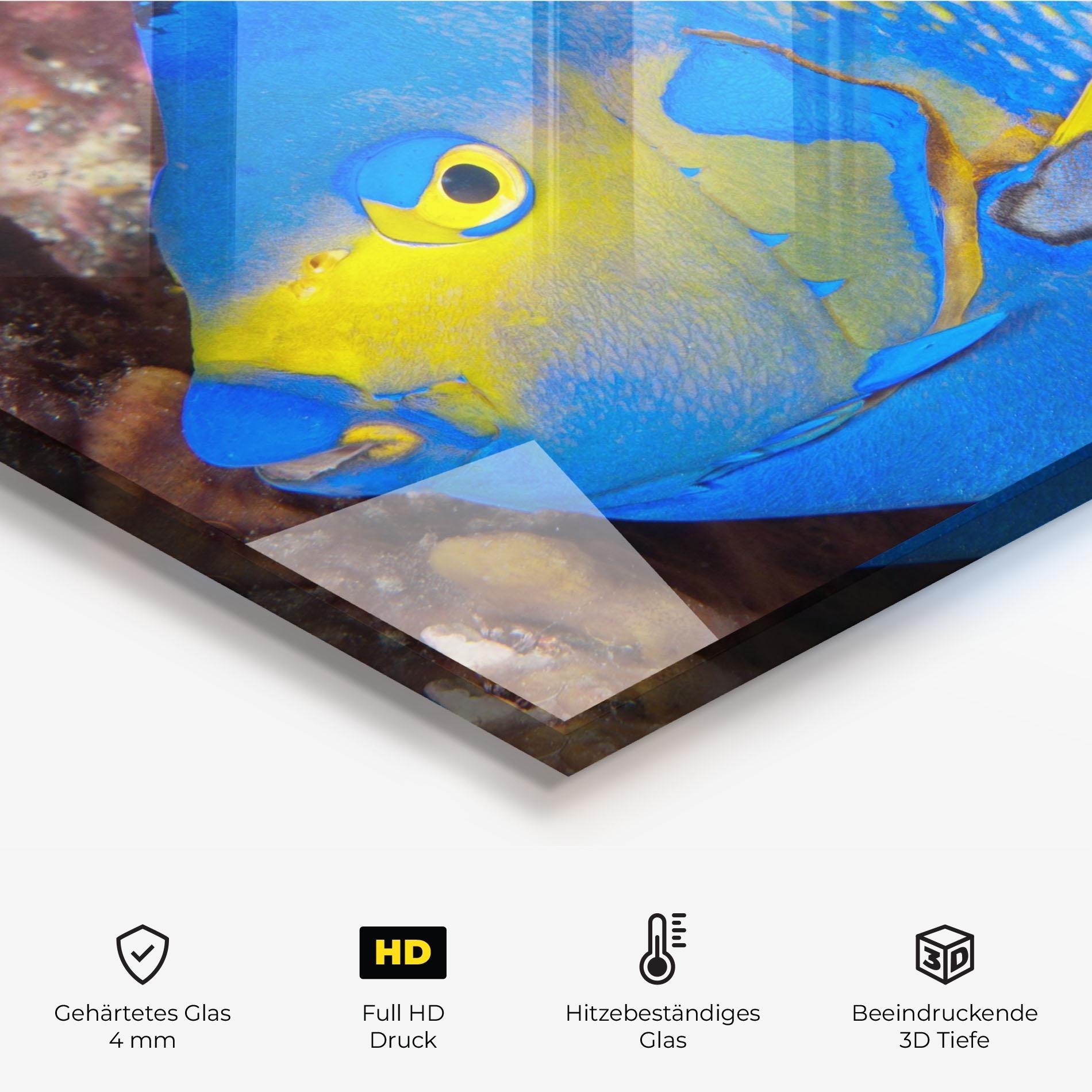 Küchenrückwand Glas Blue Yellow Fish mockup 2