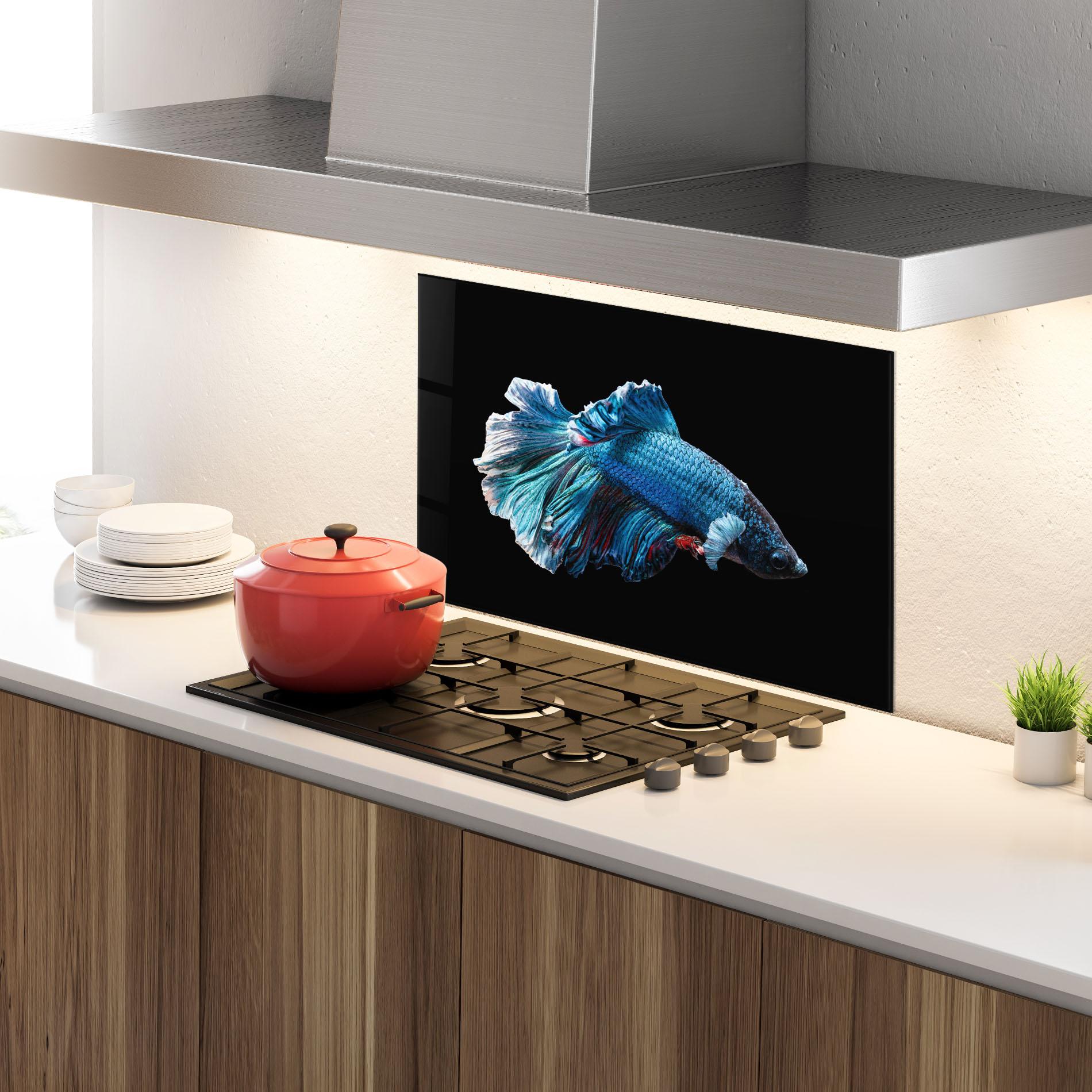 Küchenrückwand Glas Blue Betta mockup 4