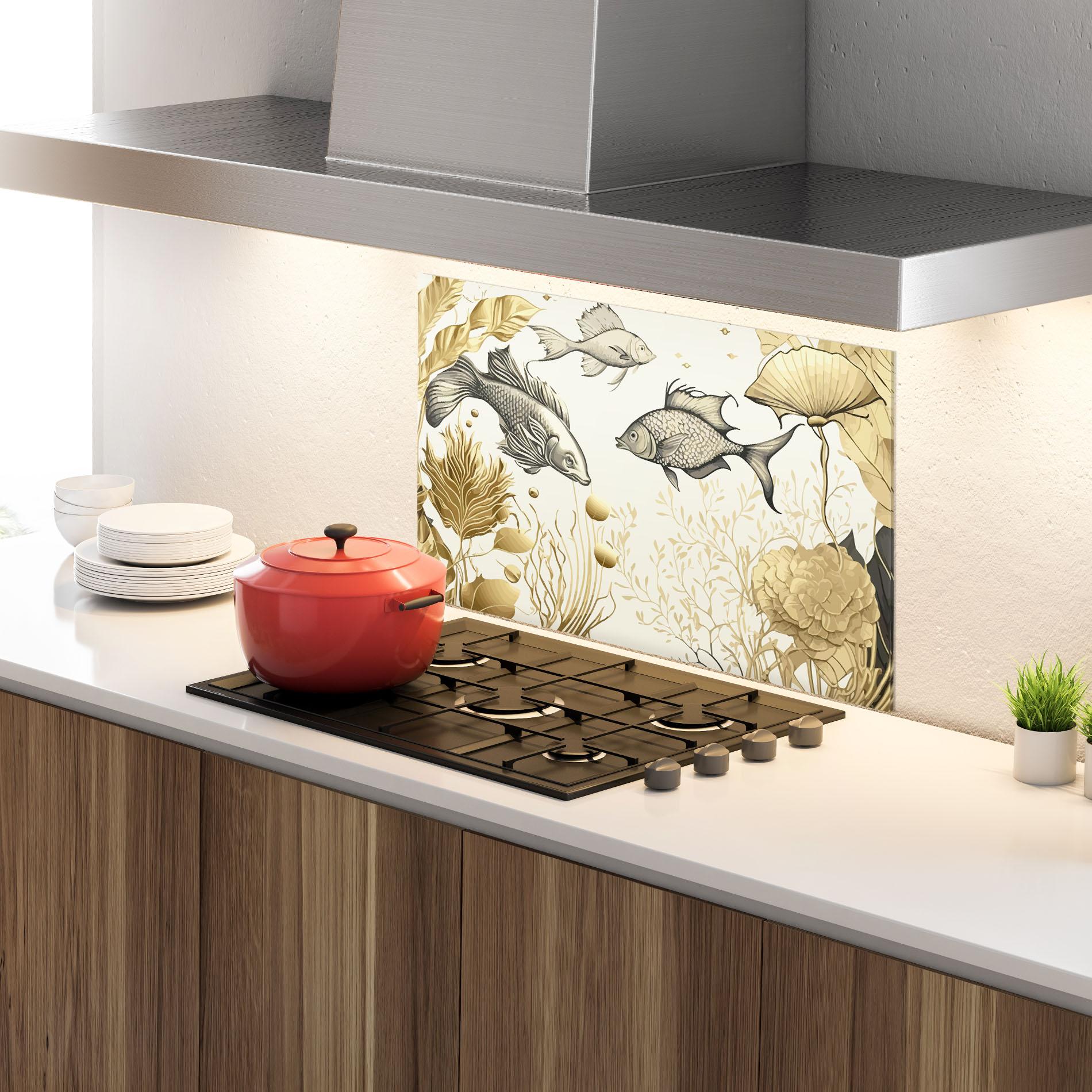 Küchenrückwand Glas Grey Gold Fish mockup 4