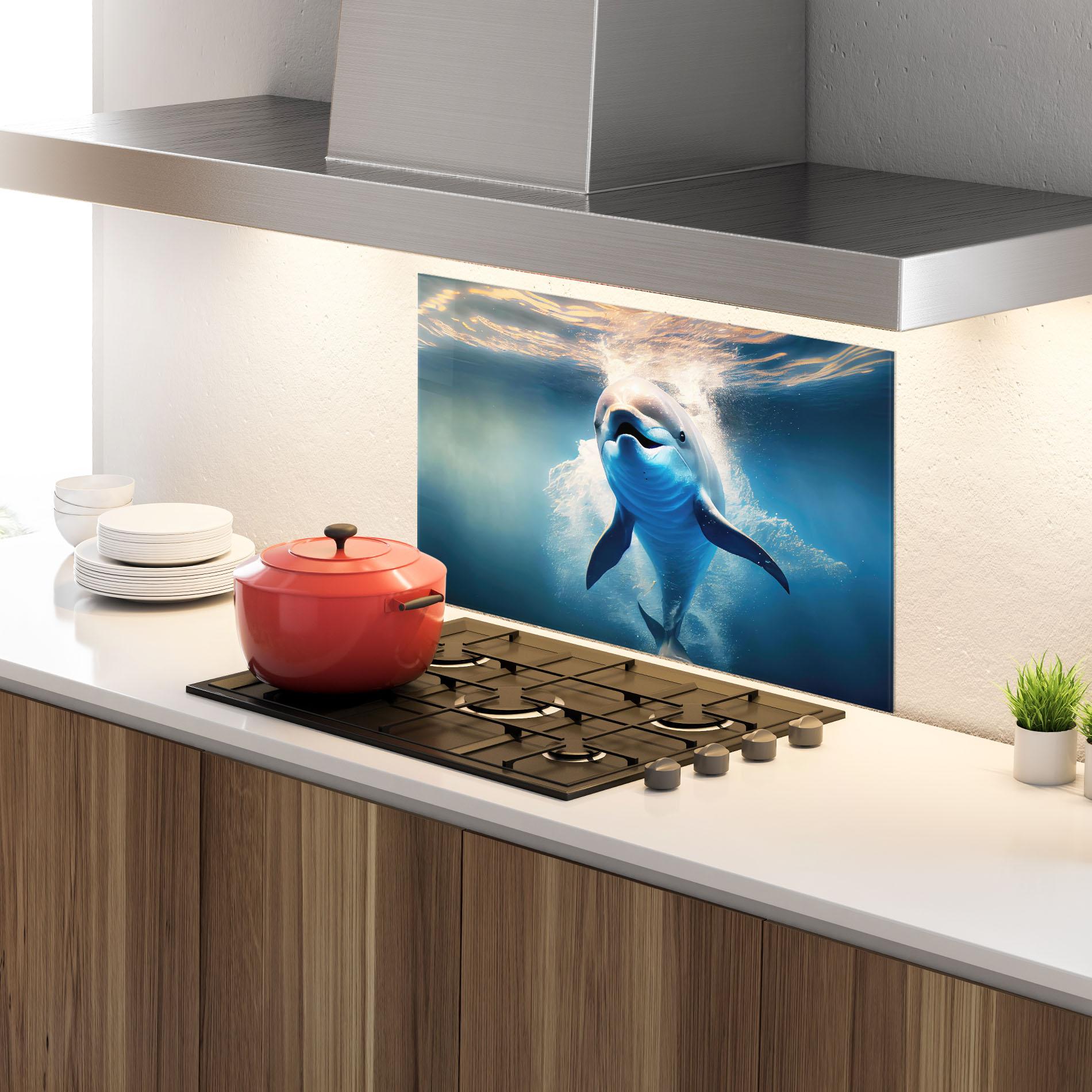 Küchenrückwand Glas Happy Dolphin mockup 4