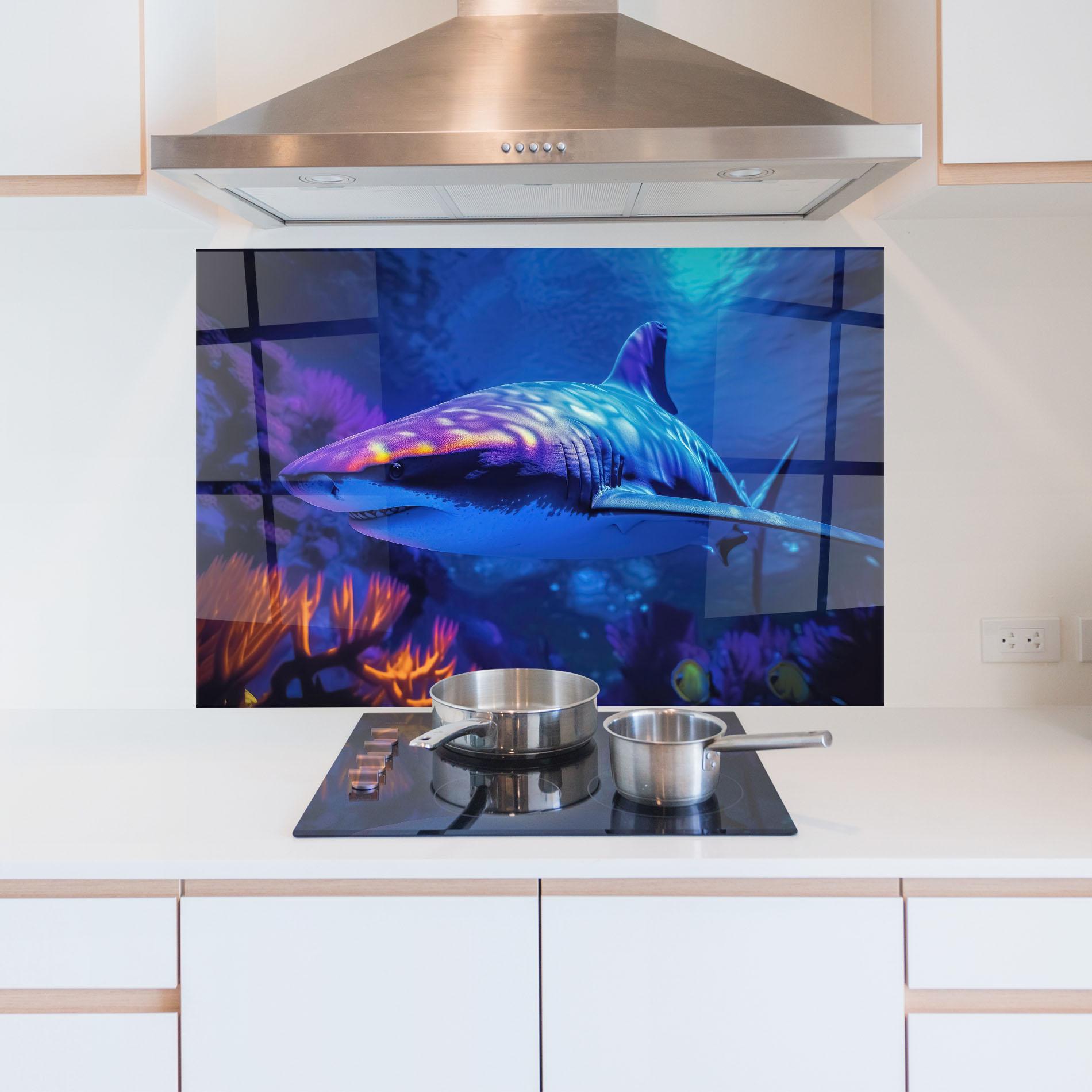 Küchenrückwand Glas Blue Light Shark mockup 5