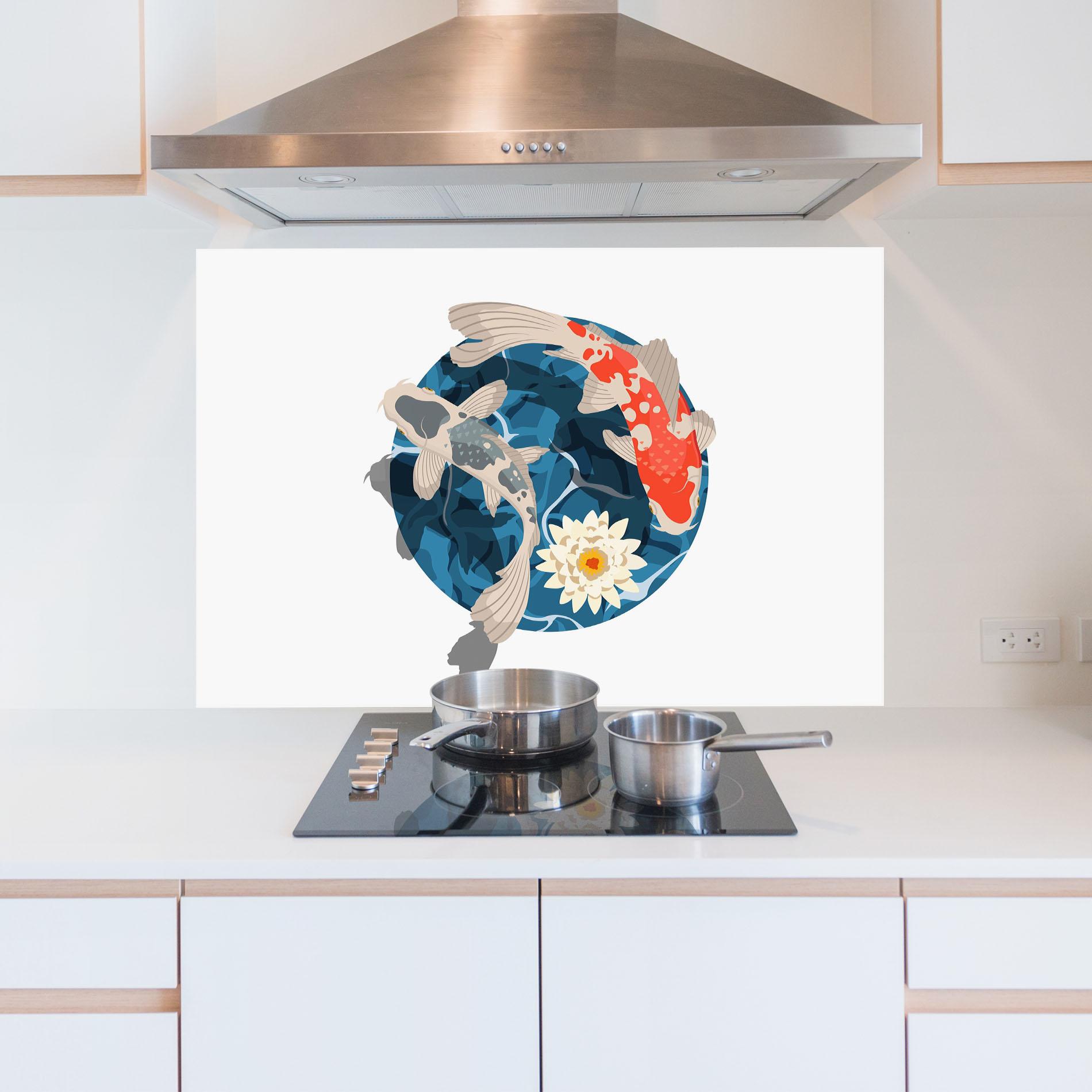 Küchenrückwand Glas Grey Orange Koi mockup 5