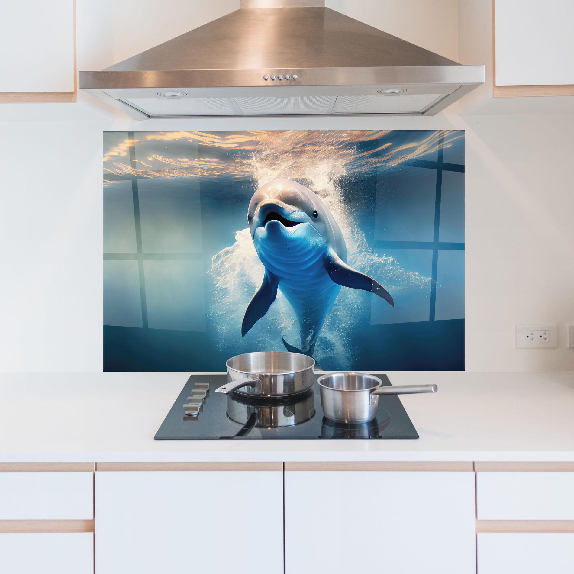 Küchenrückwand Glas Happy Dolphin mockup 5