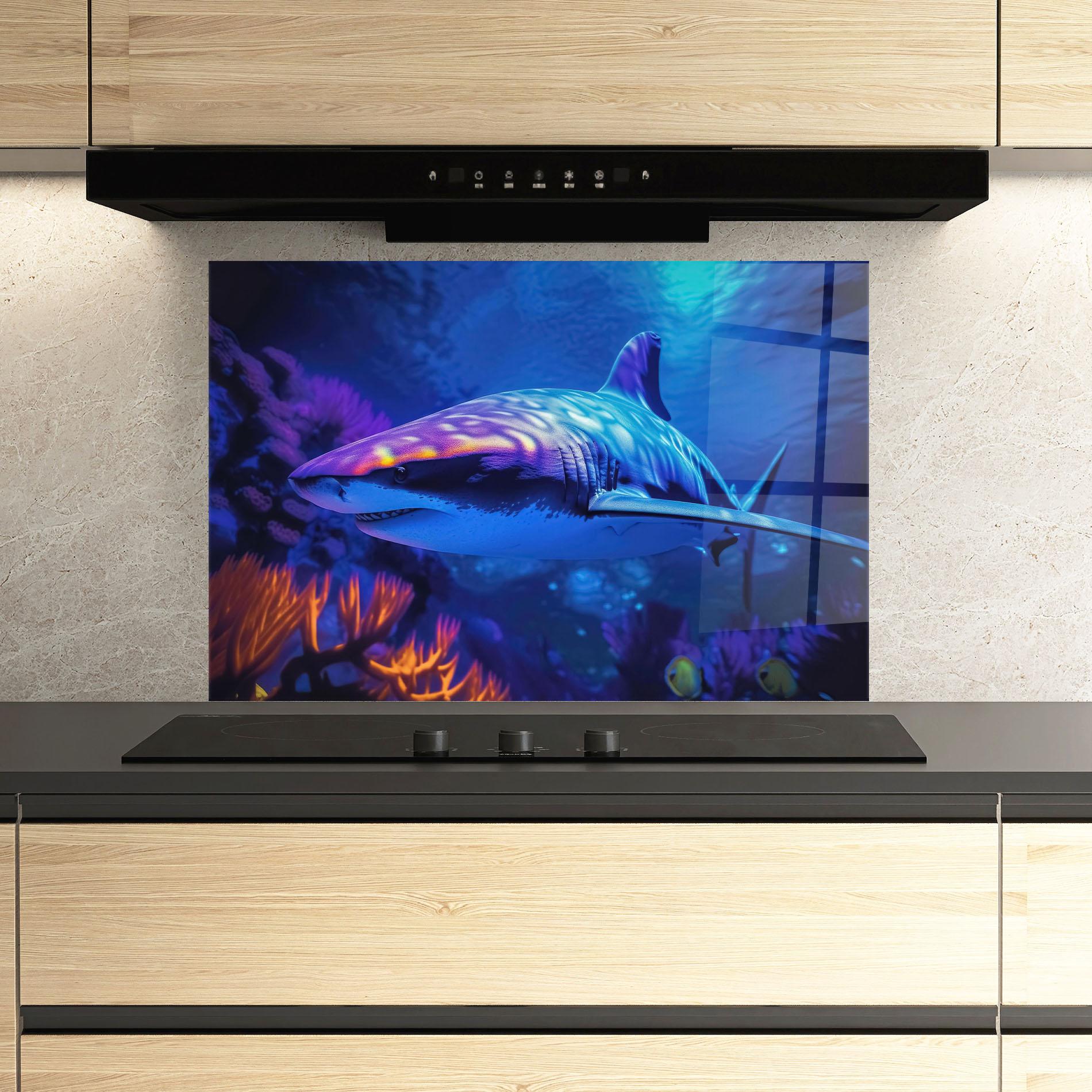 Küchenrückwand Glas Blue Light Shark mockup 3