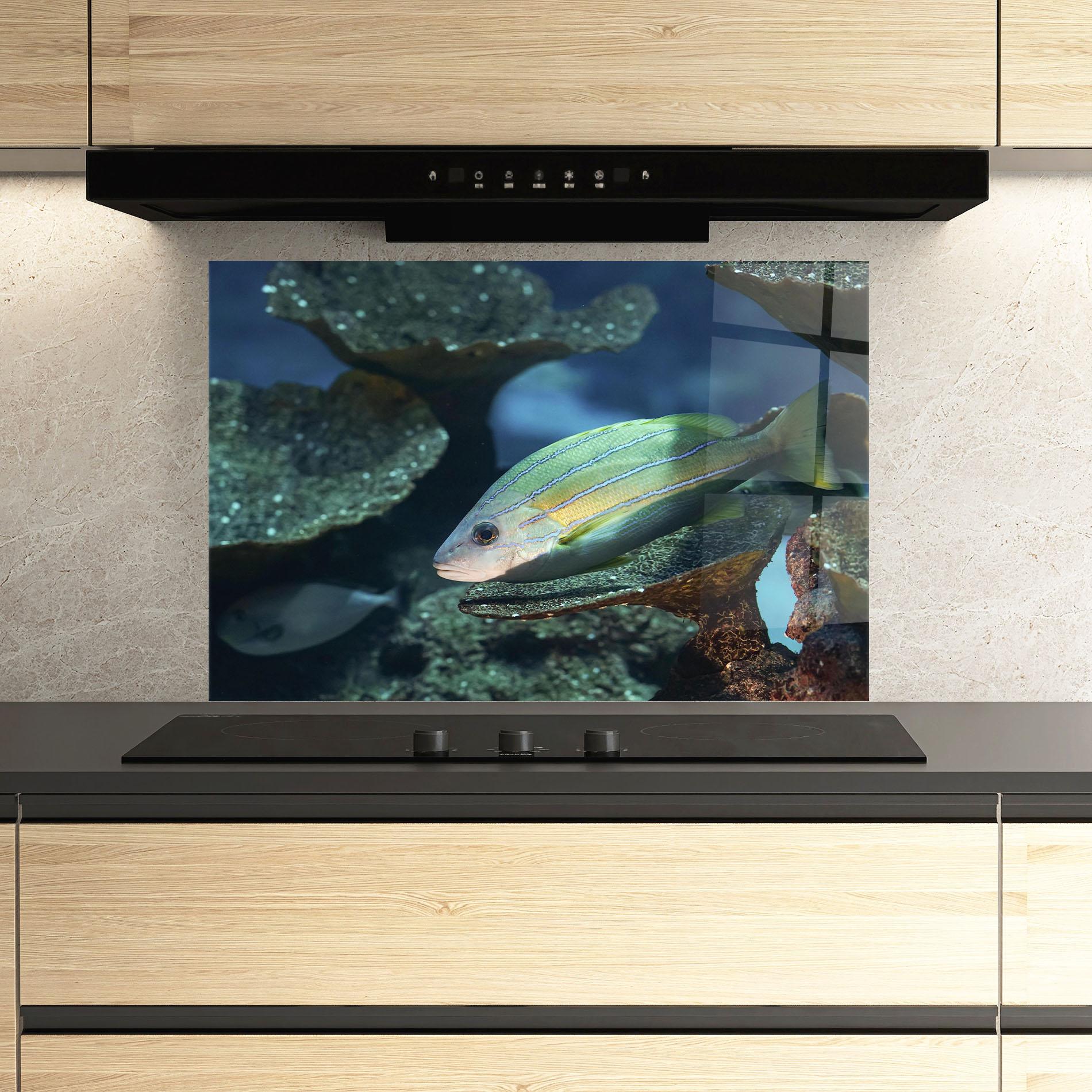 Küchenrückwand Glas Green Gold Fish mockup 3