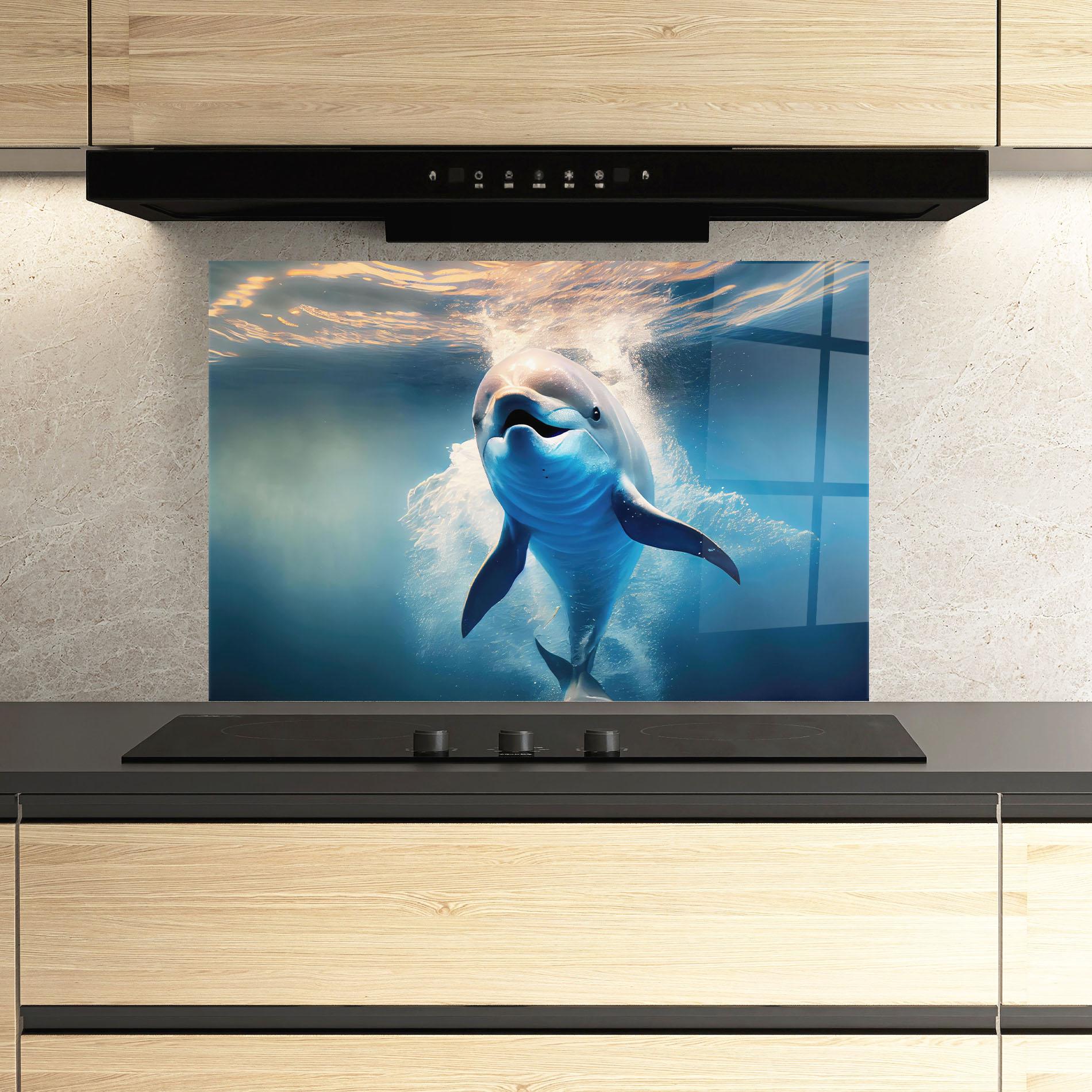 Küchenrückwand Glas Happy Dolphin mockup 3