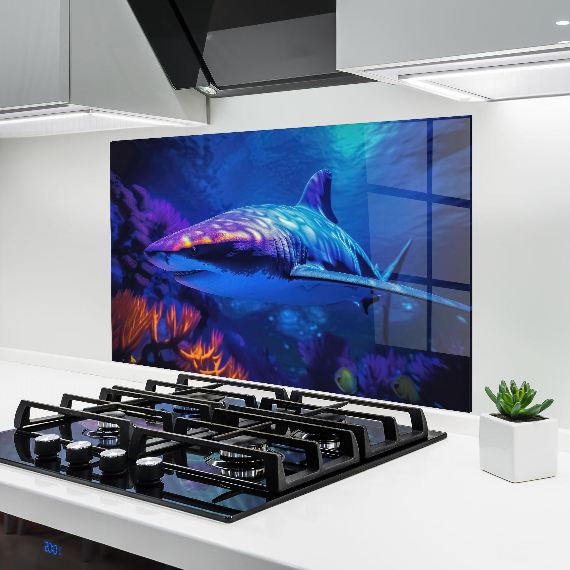 Küchenrückwand Glas Blue Light Shark mockup 6