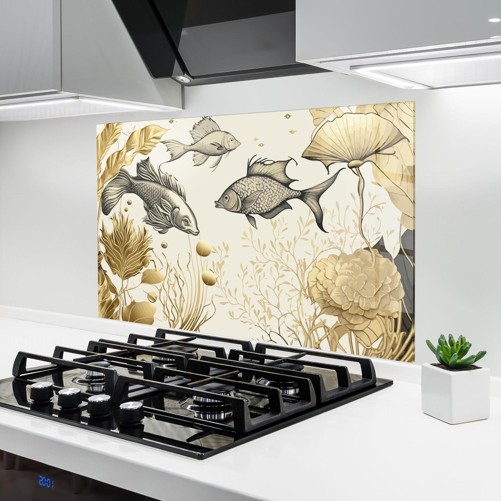 Küchenrückwand Glas Grey Gold Fish mockup 6