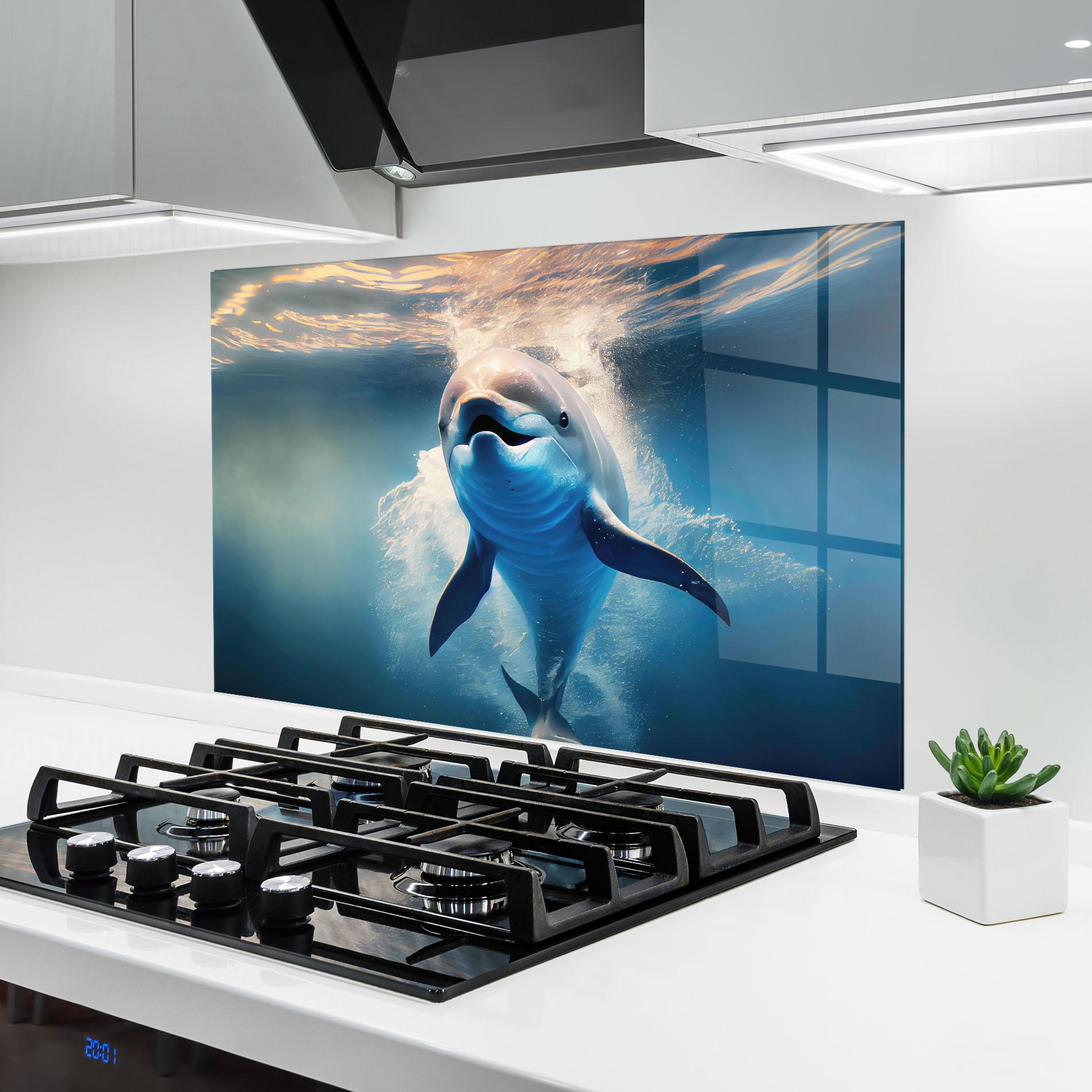 Küchenrückwand Glas Happy Dolphin mockup 6